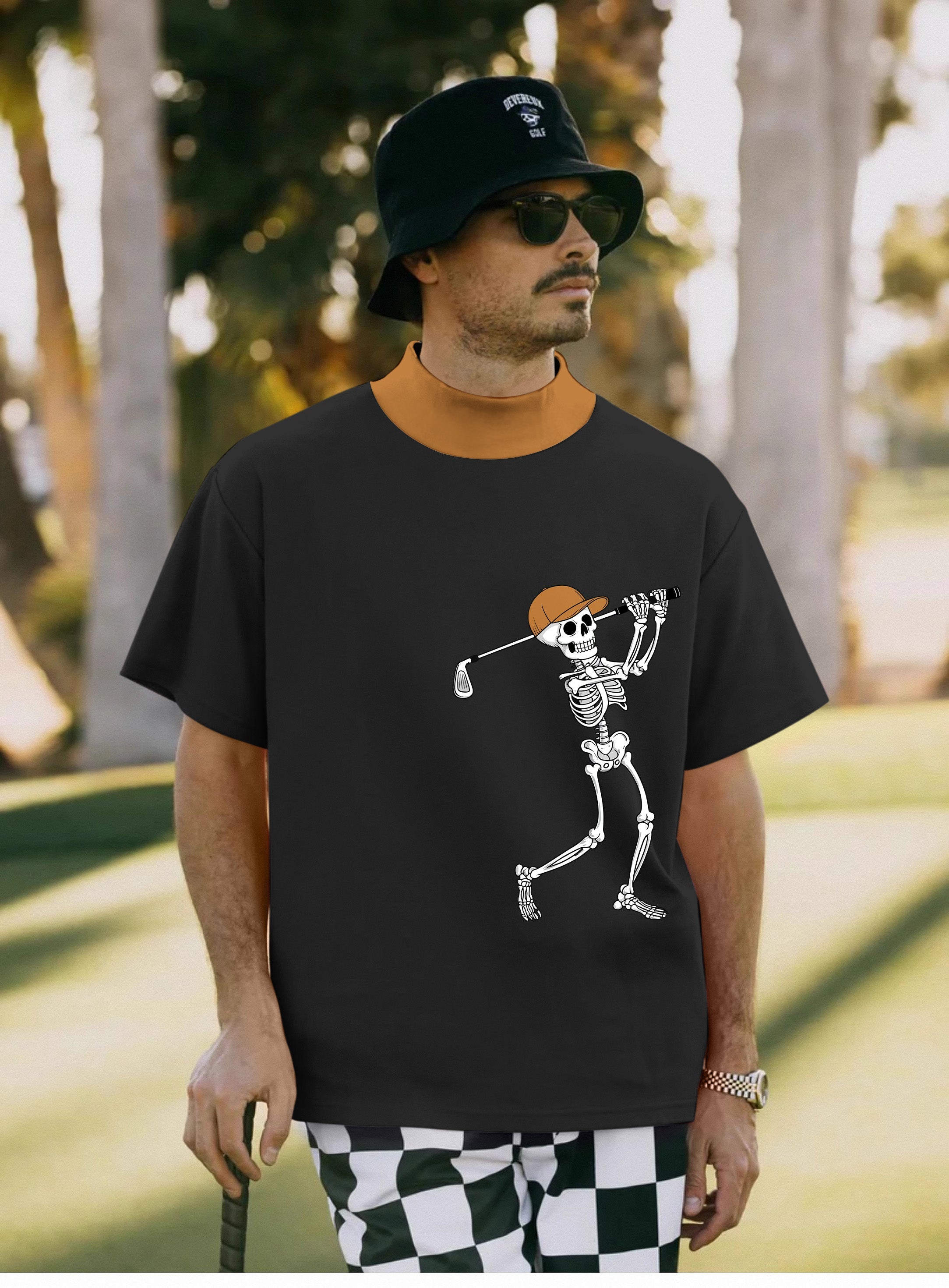 Men's pumpkin black Halloween golf pullover with skeleton graphic and high neck collar