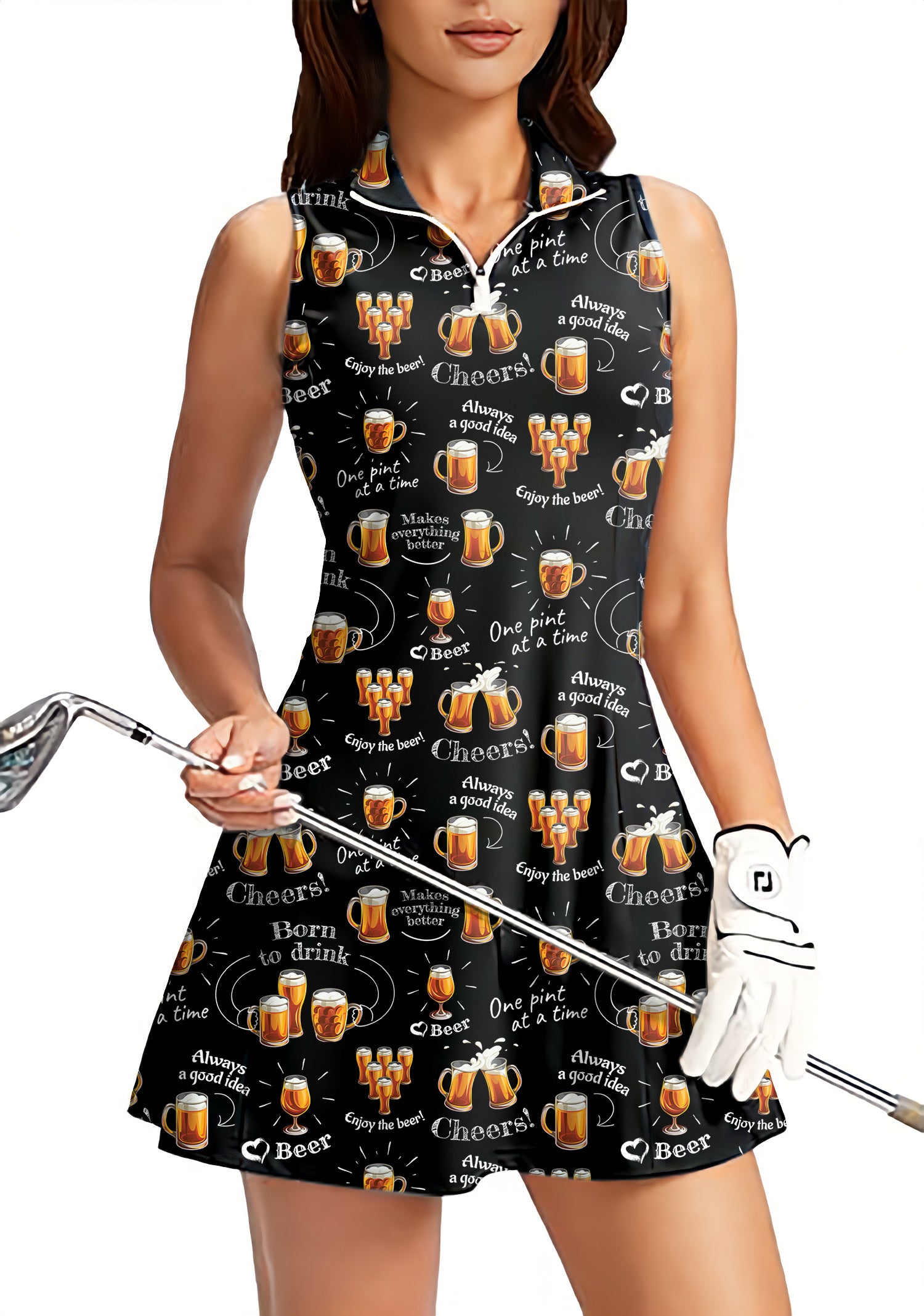 cheer beer Women's Golf Sleeveless Zipper Dresses with Built in Shorts