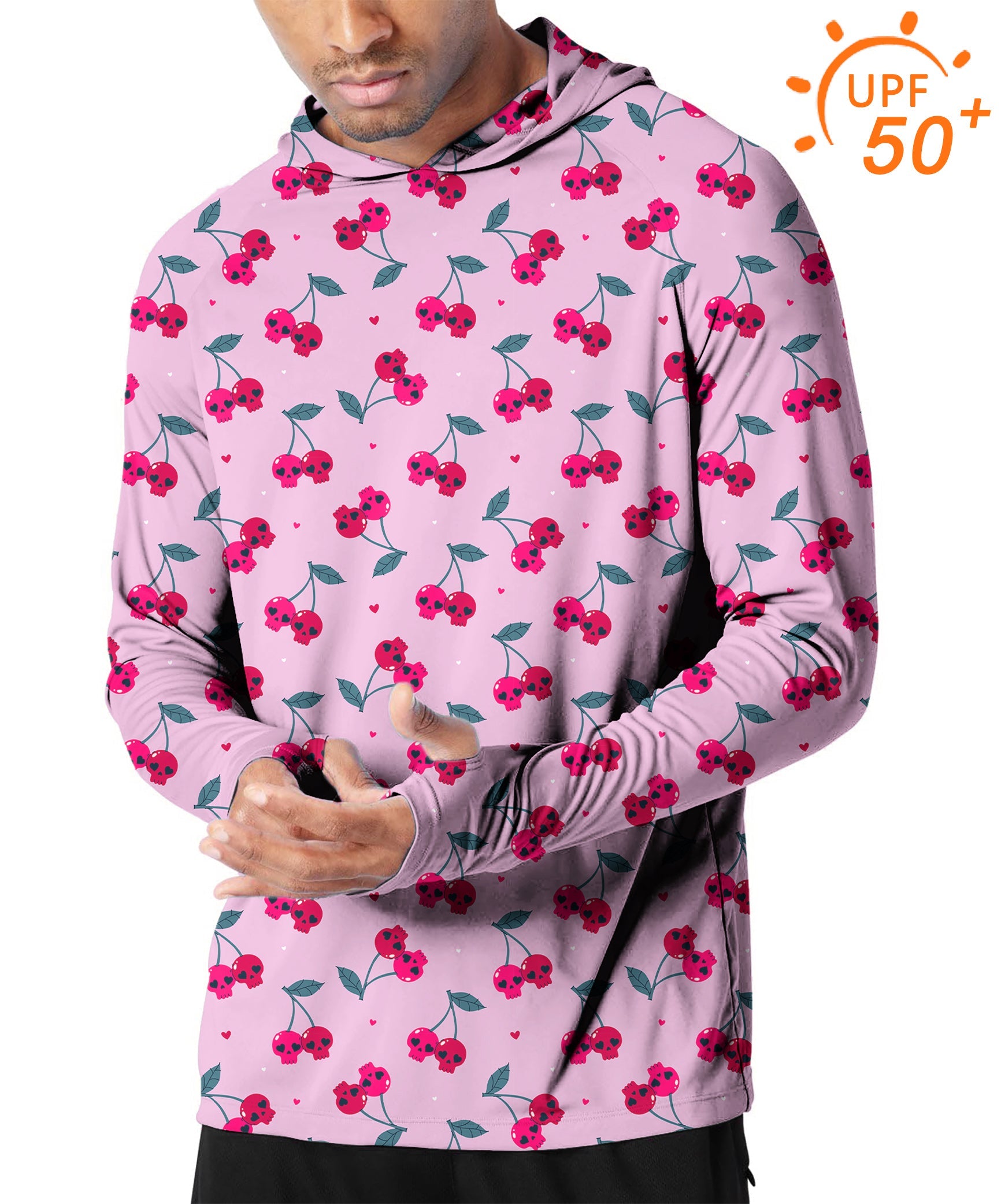 Men's slim fit outdoor golf hoodie with Halloween cherry skull print and UPF 50+ sun protection