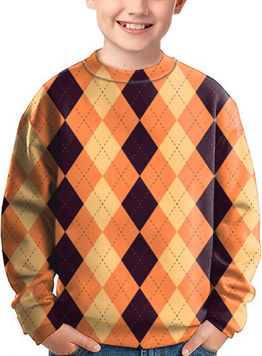 Kids Halloween Black Light yellow orange argyle crewneck pullover sweater