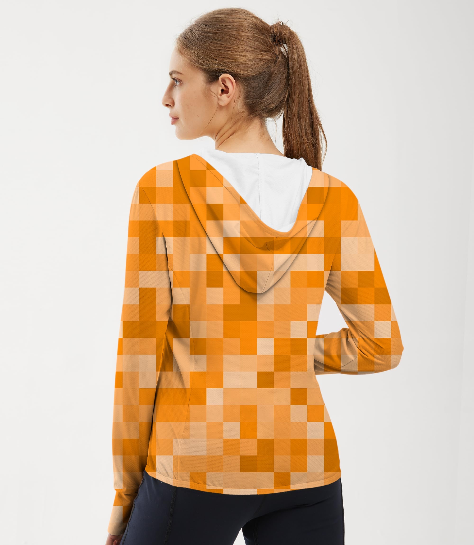 Women's outdoor orange pixel pattern slim fit golf sun protection hoodie with thumb holes