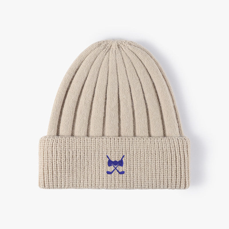 Custom embroidered beige knitted winter hat with golf logo, unisex, adjustable fit, durable fabric.