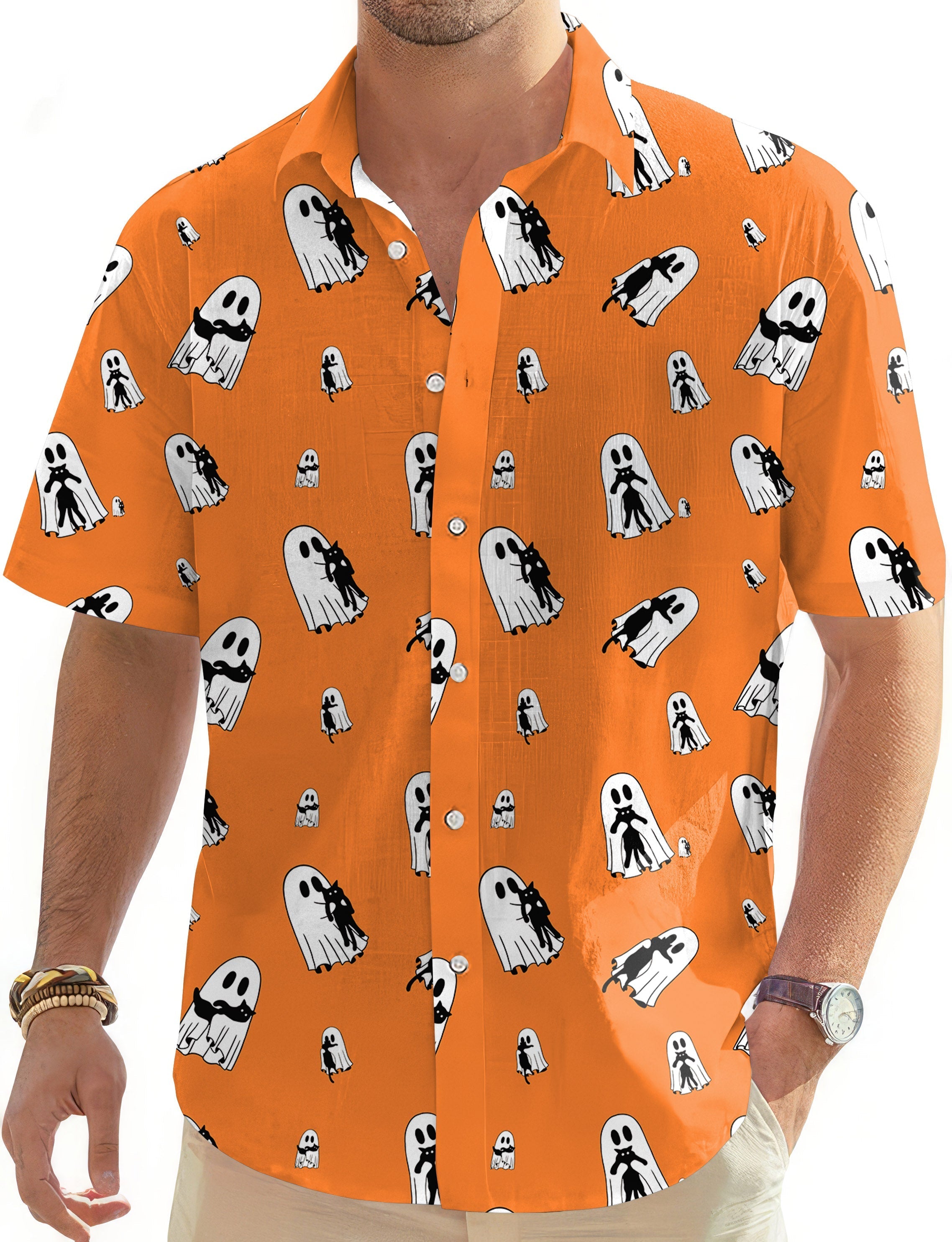 Men's Halloween Ghost Hug Cat short sleeve button-down Hawaiian golf shirt in orange