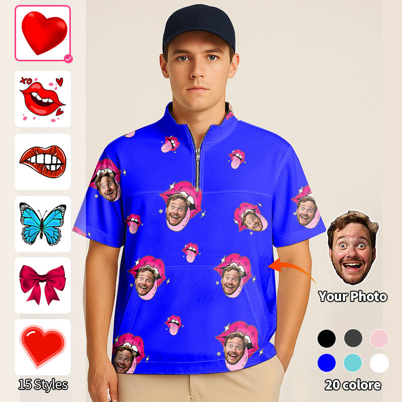 Valentine's Day Half Zipper Turtleneck Golf Short Shirt Custom Photo Face Custom Color Royal Love Embroidery