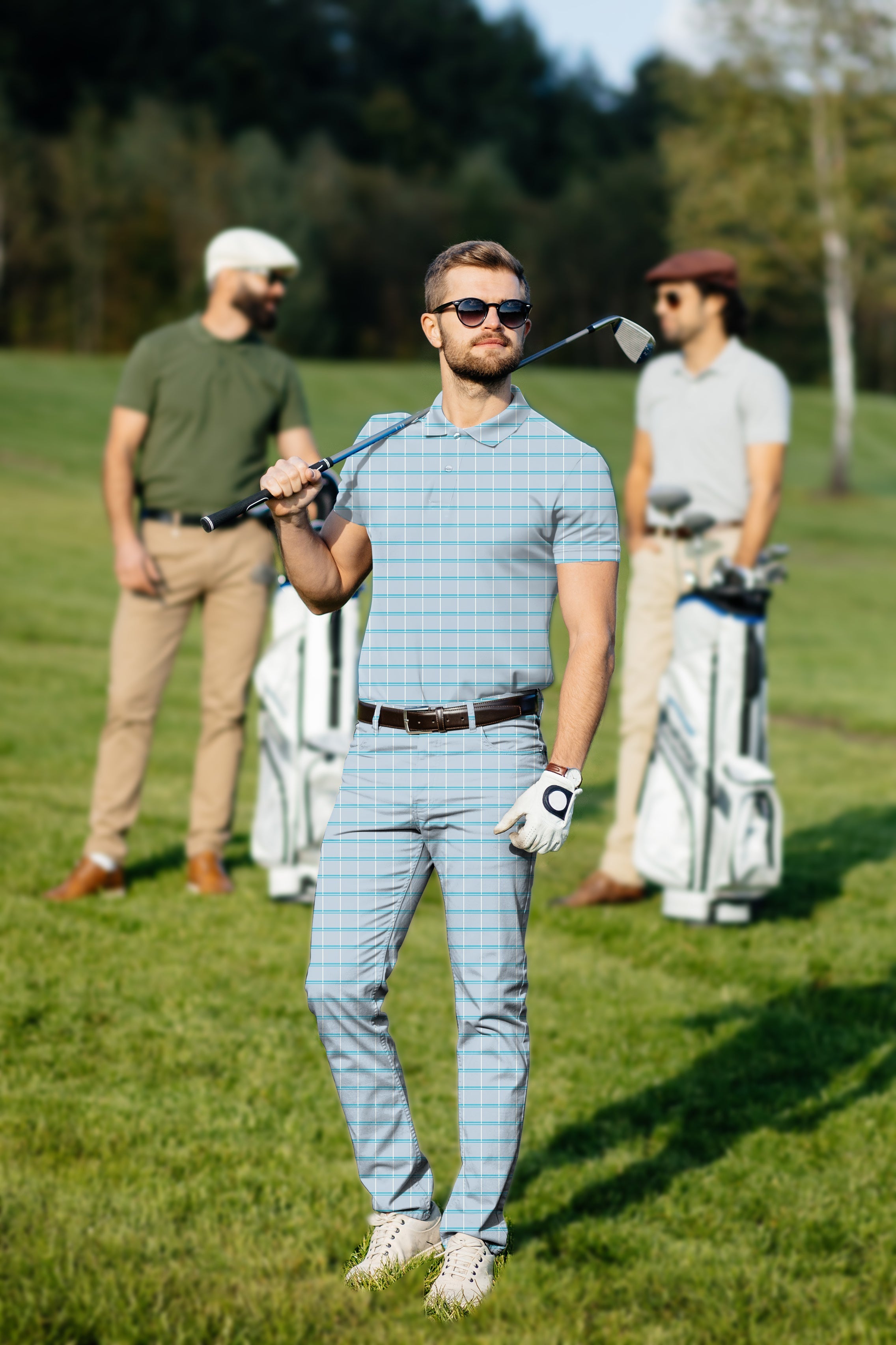 Men's golf set sky blue checkered polo and pants with four-way stretch and UPF 40+ protection