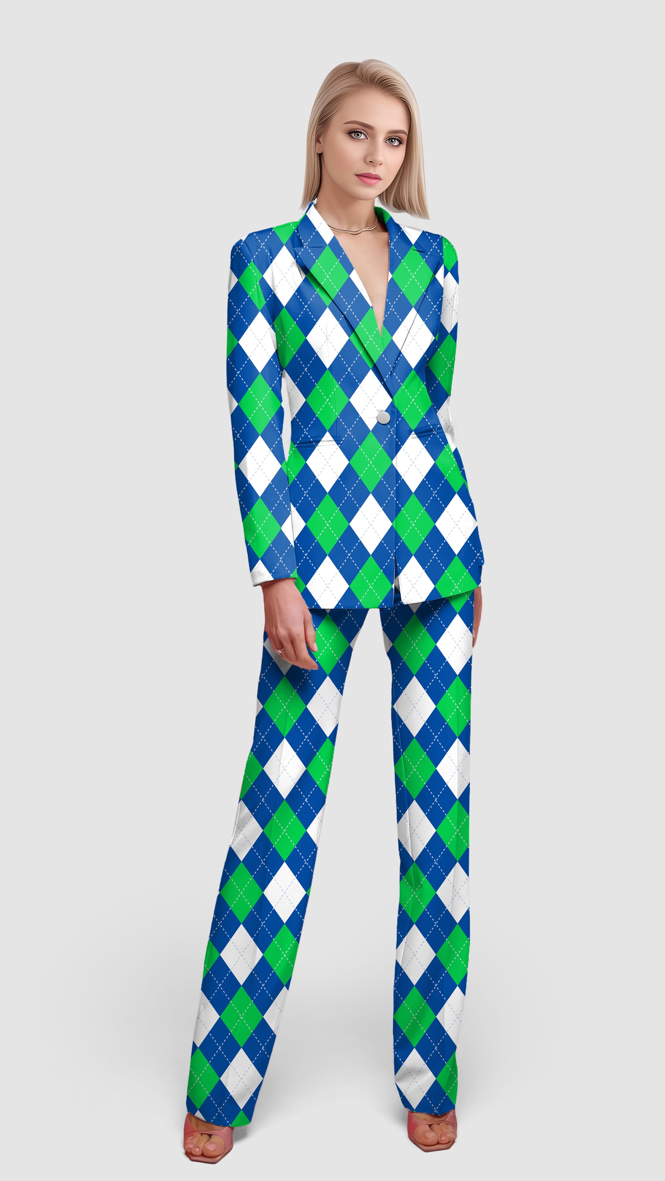 Argyle green blue-Women's Blazer Casual Work Office Blazer Suit set