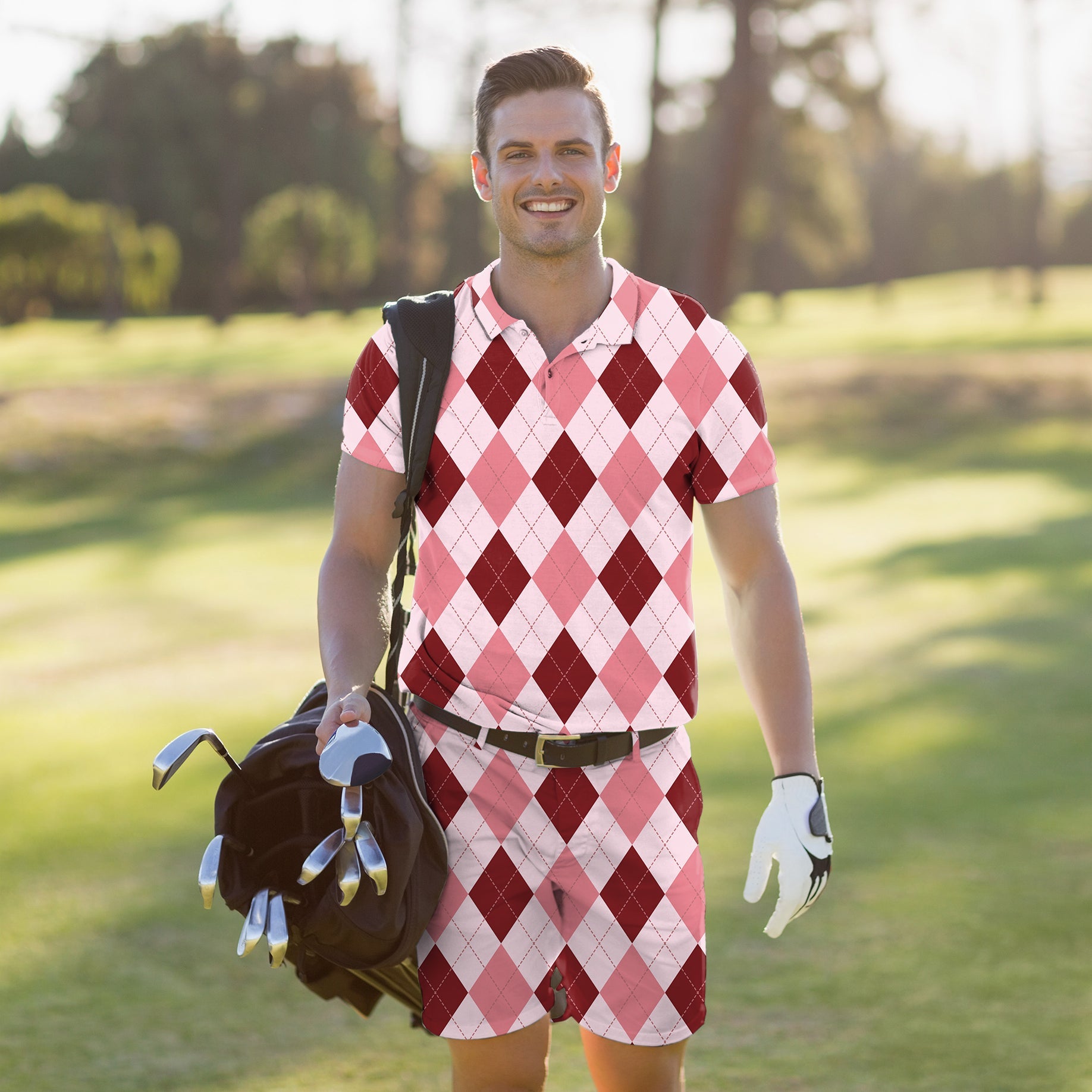 Men's golf set polo and shorts in pink argyle pattern with four-way stretch and moisture-wicking fabric