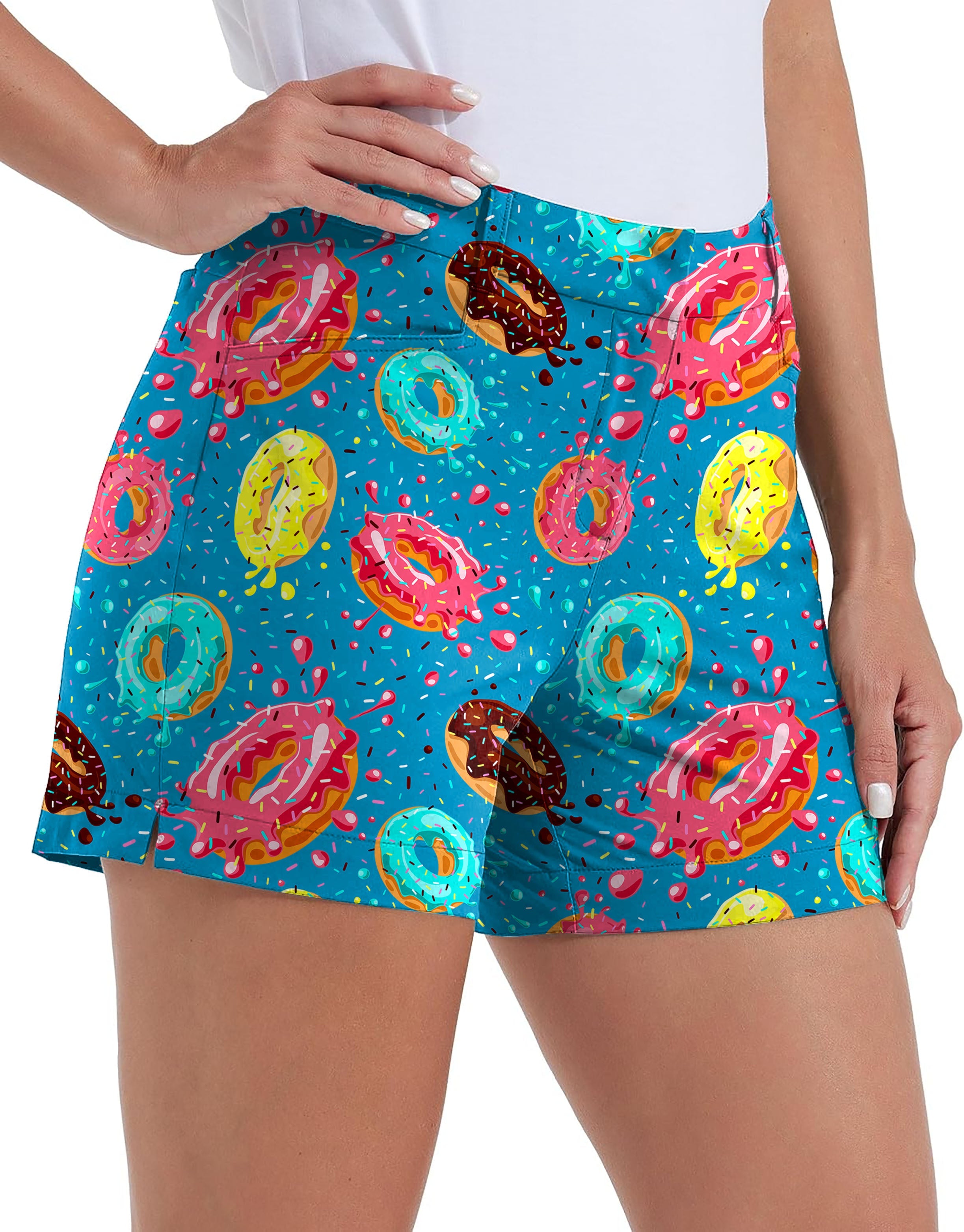Hole In One women's quick-drying golf shorts with colorful donut print and pockets