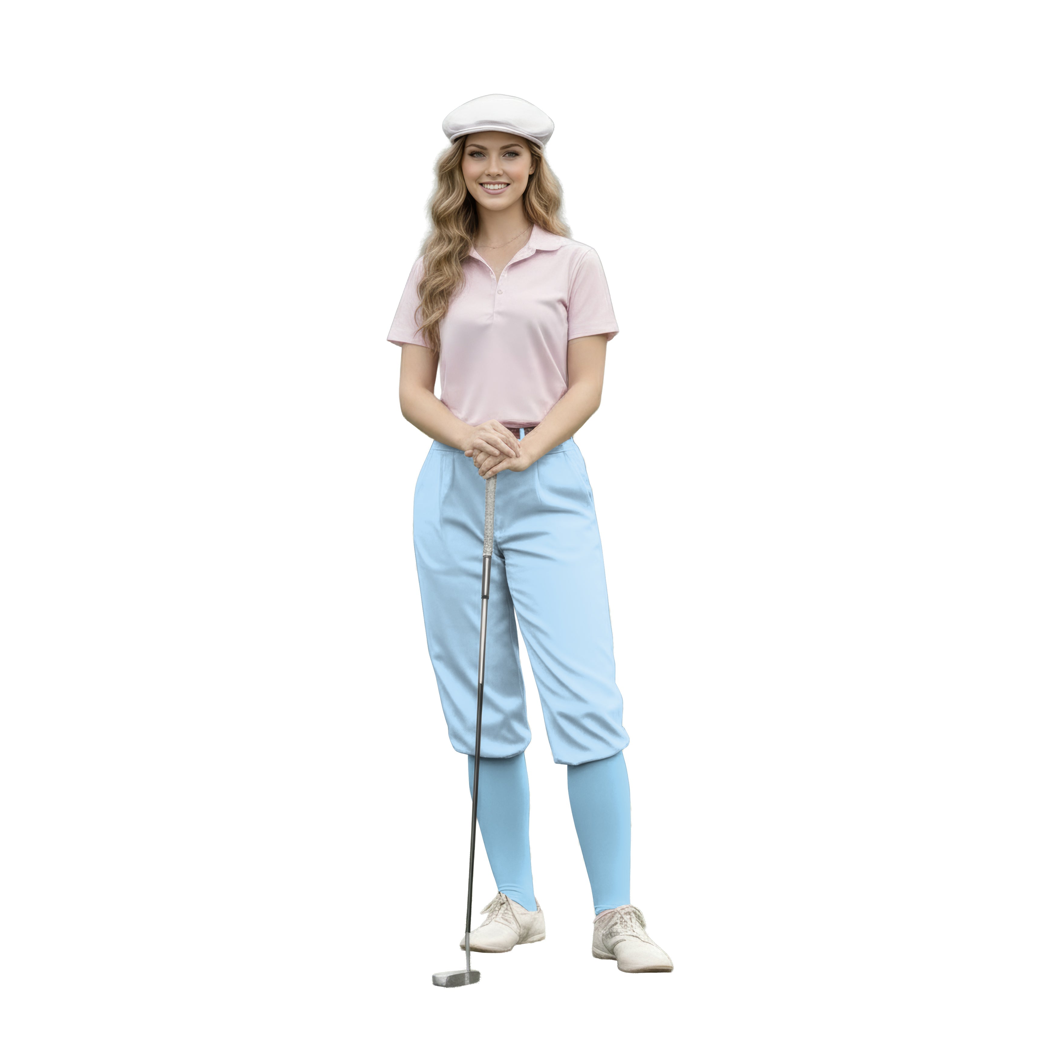 pure sky Womens Golf Knickers blue golf pants on female golfer with pink polo and white cap