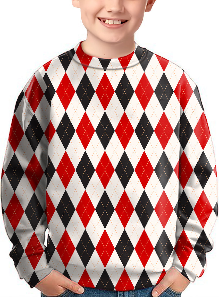 Kids crewneck pullover sweater with argyle red and black grid pattern