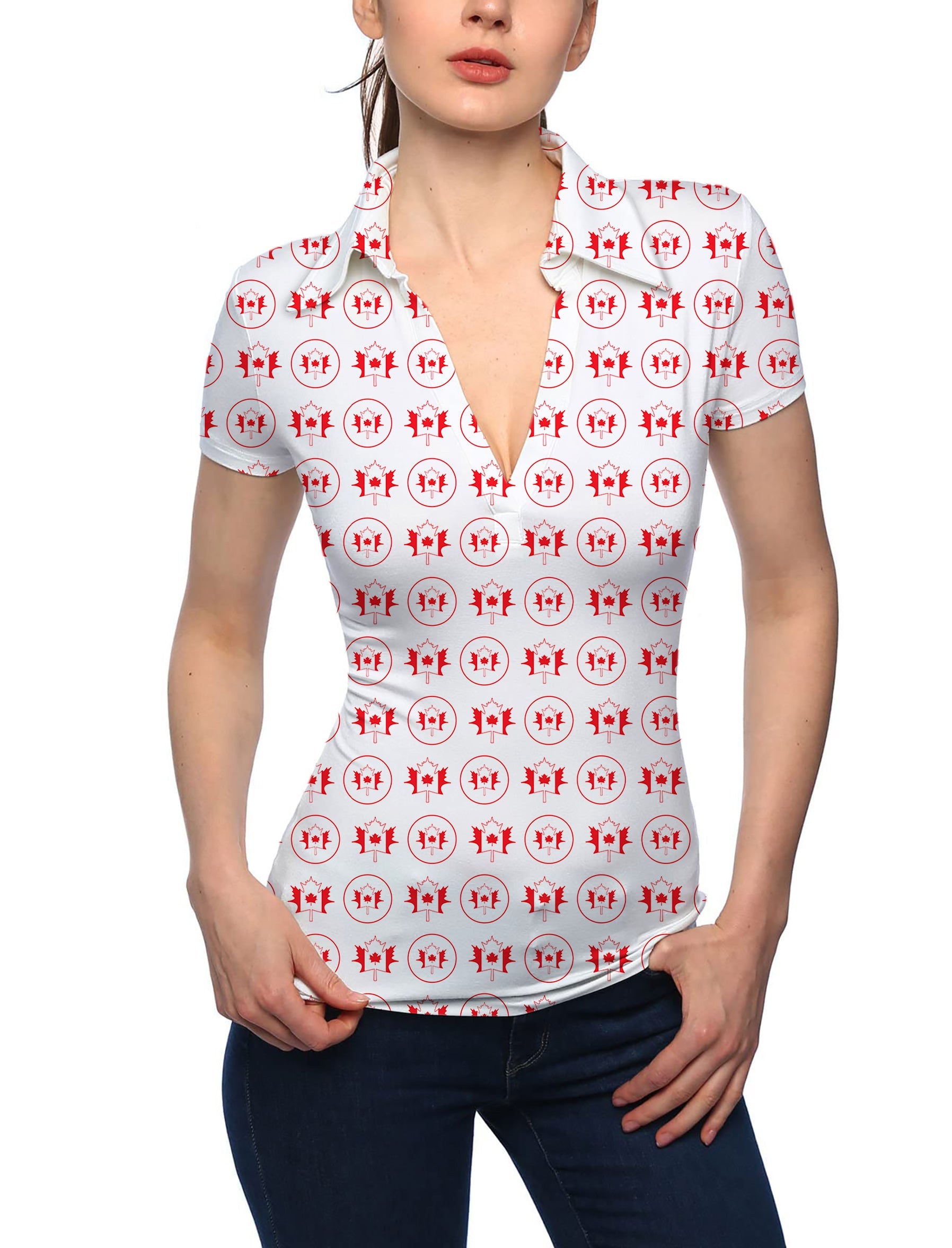 Women's Circle Canada maple leaves V neck golf polo shirt with stand collar and short sleeves
