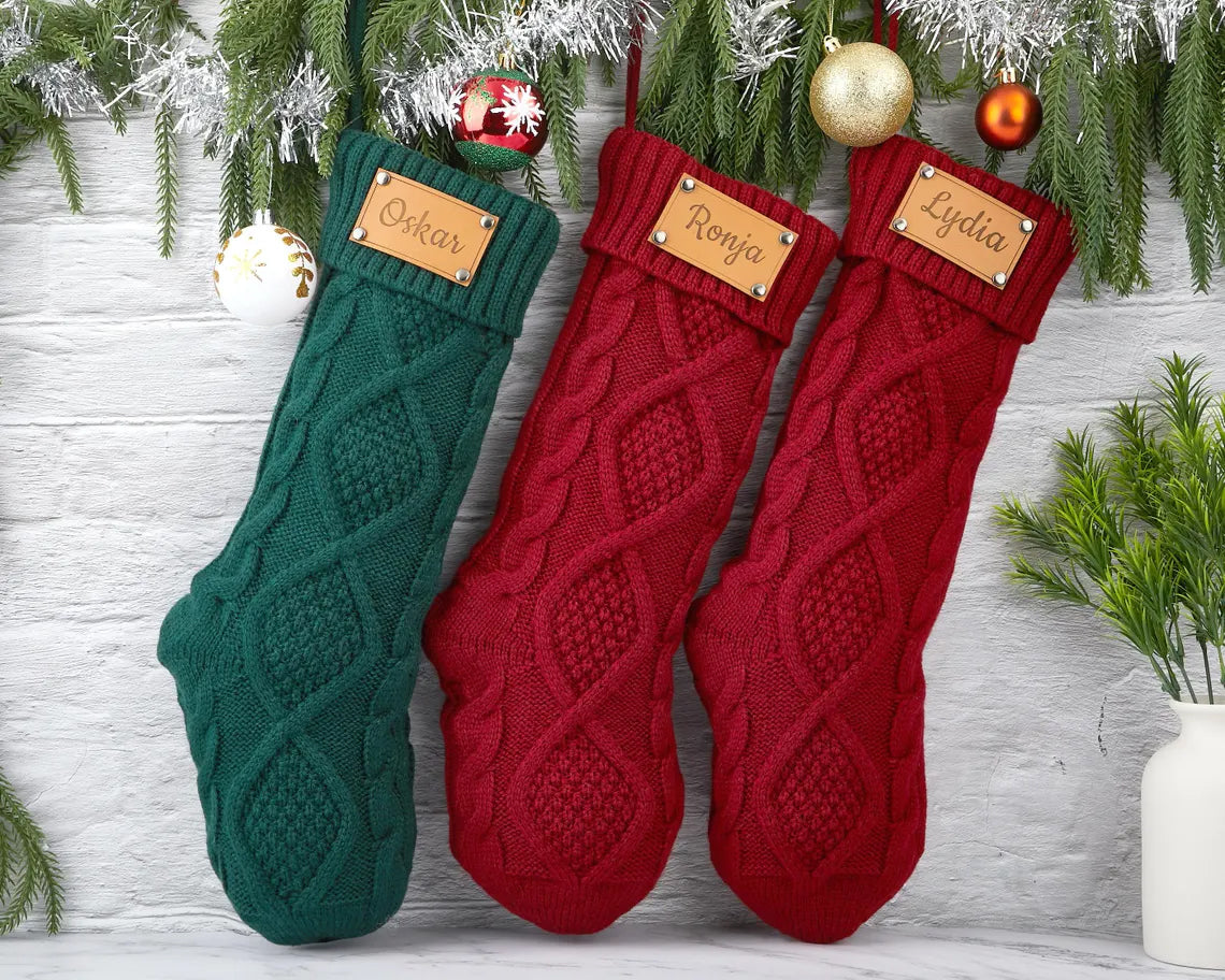 Engraved Leather Christmas Stockings with Name Holiday Gift