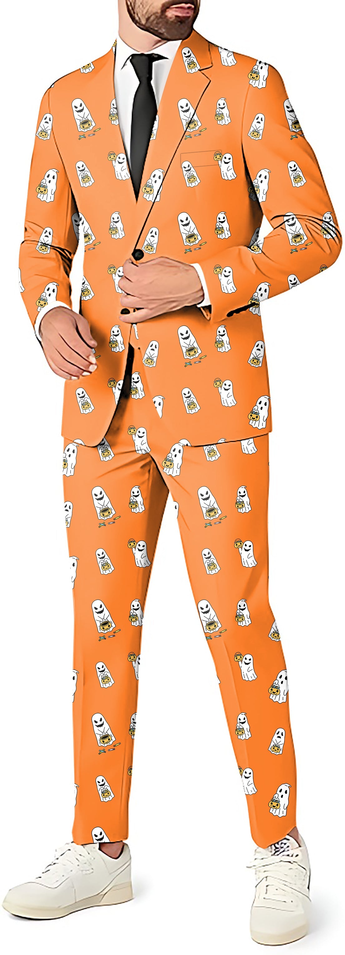 Men's Halloween Ghost Pumpkin Basket themed orange blazer, pants, and vest suit set for parties