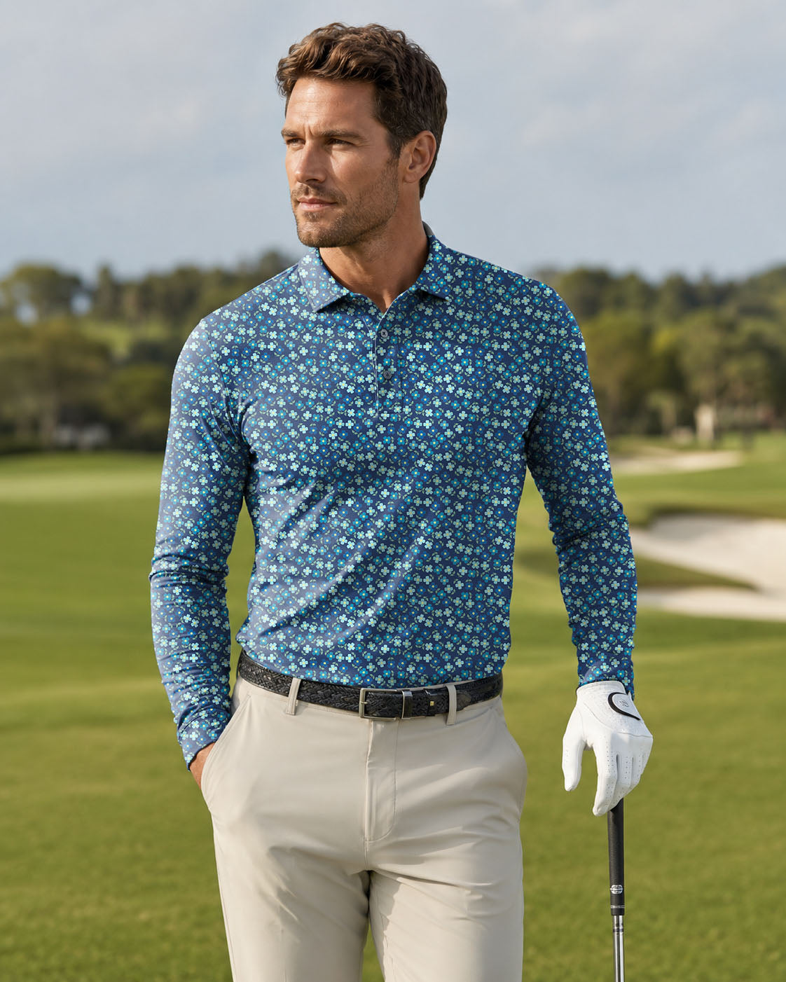 Men's Navy blue Clover Long-sleeved Polo