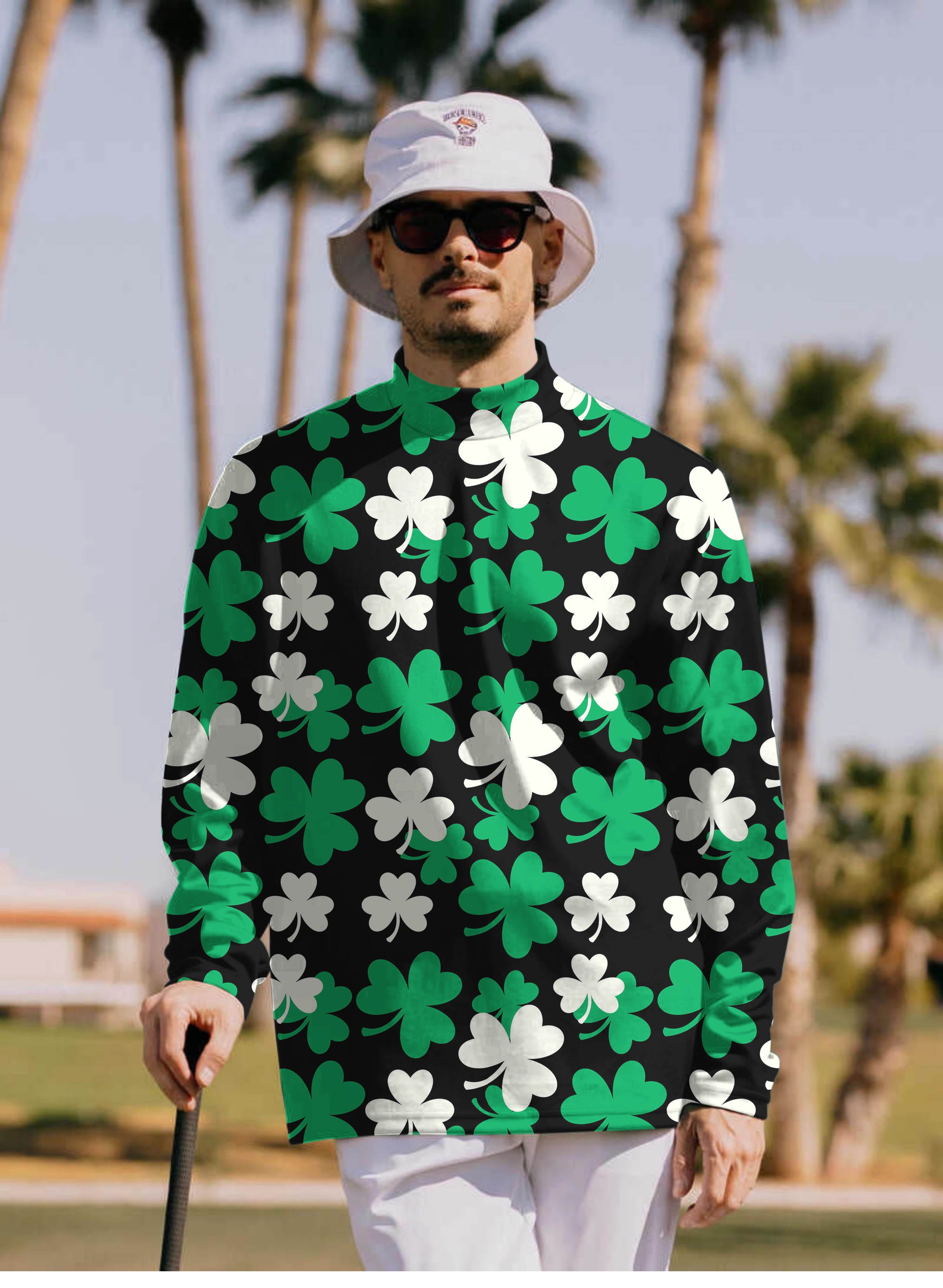 Men's Leaf clover St. Patrick's Day Pullover High neck Long/Short sleeve T-Shirt
