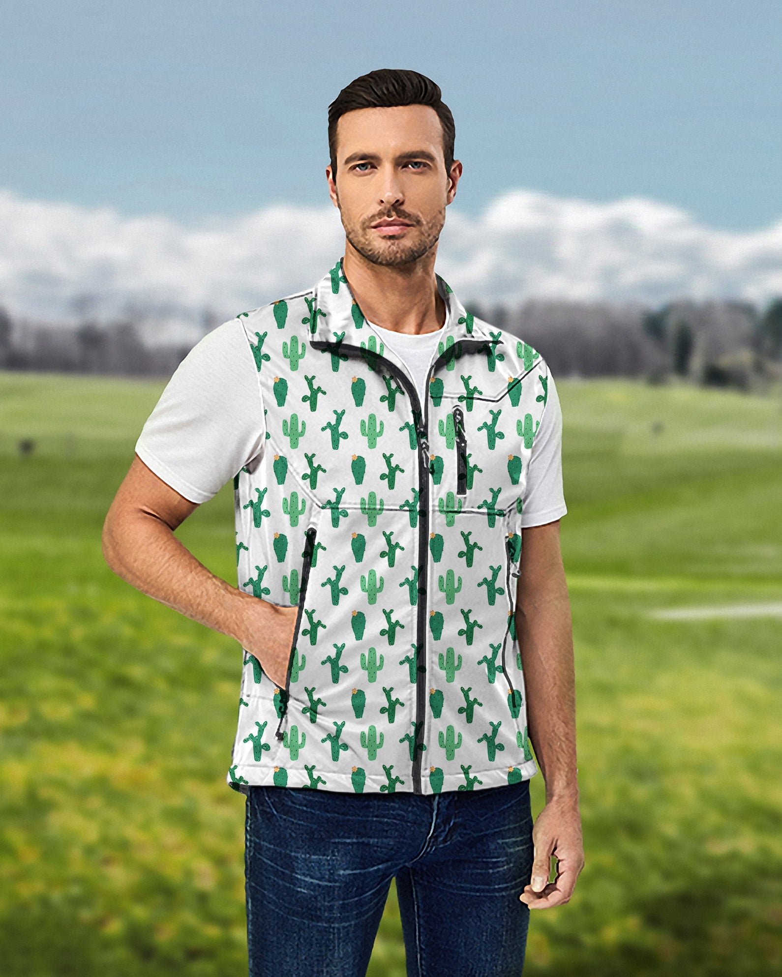 Men's Strange Cactus Lightweight Softshell Vest Sleeveless Jacket for Golf Windproof Waterproof