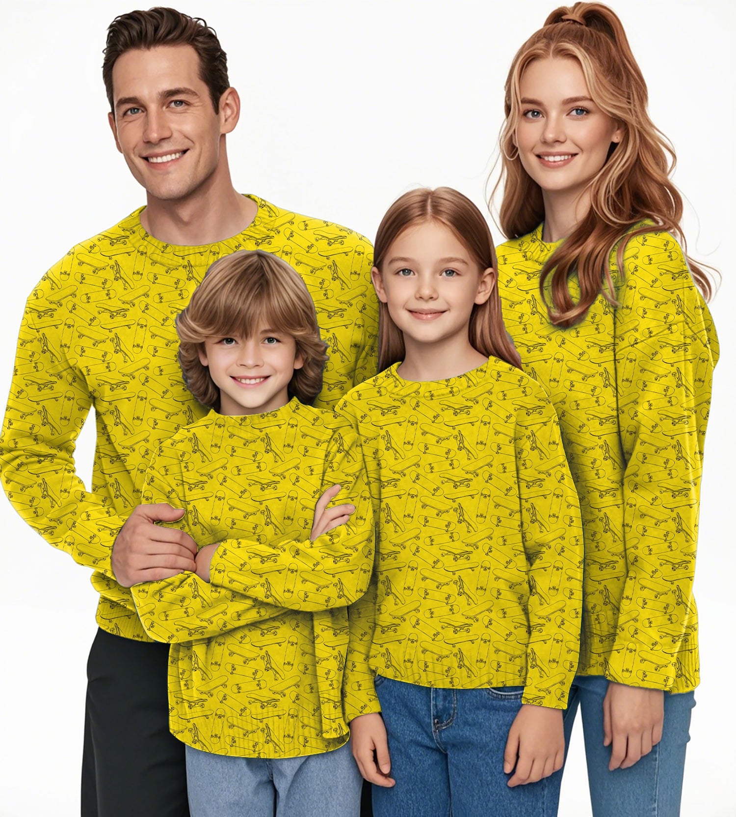 family wearing yellow skateboard crewneck pullover sweaters with skateboarding pattern