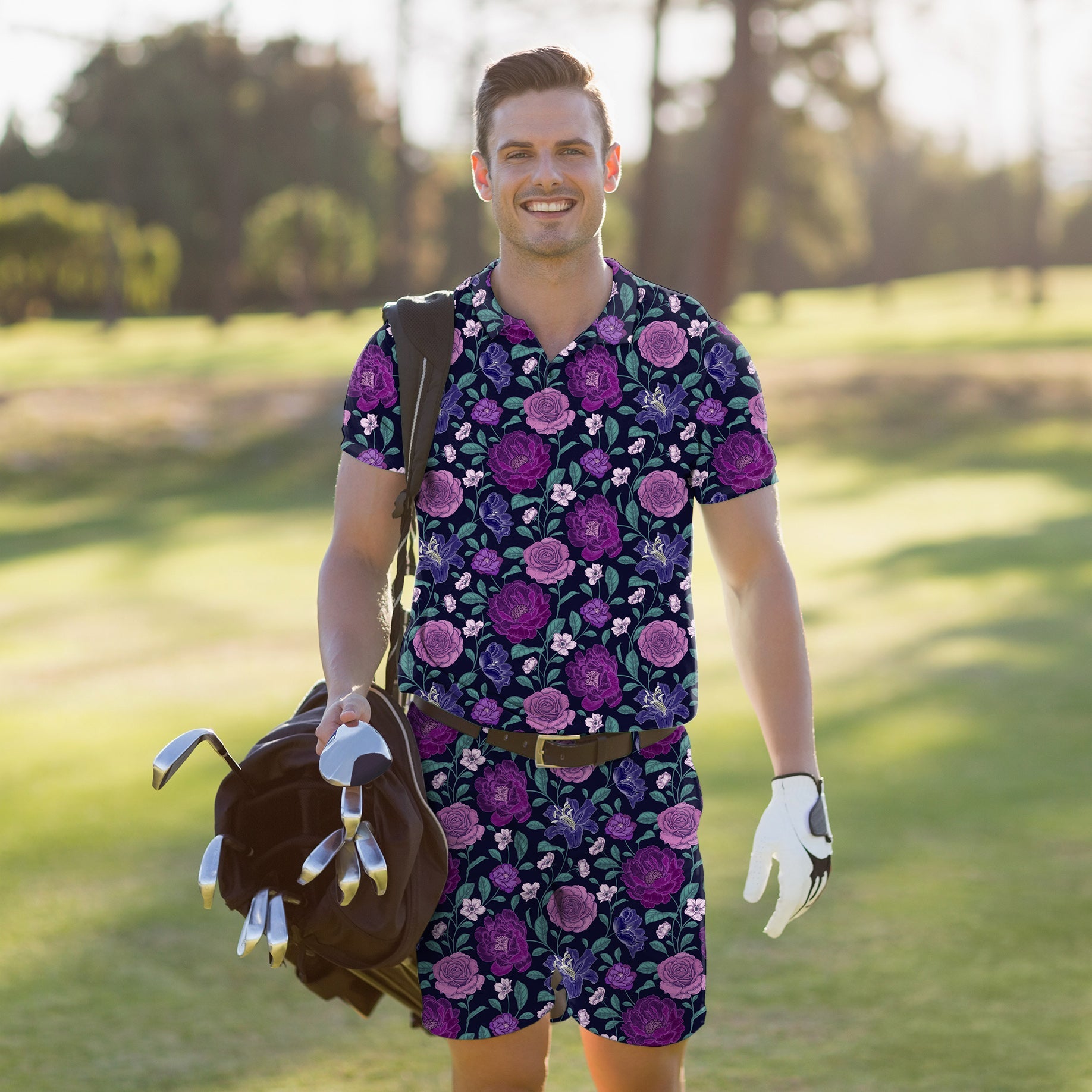 Men's golf set with purple floral polo and shorts designed for comfort and style