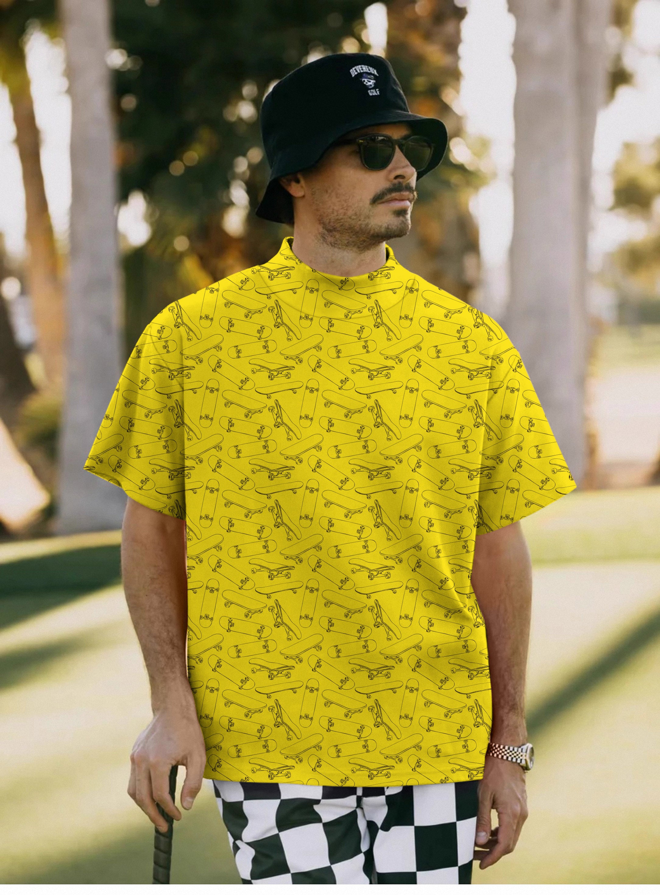 Men's Yellow Skateboard Pullover High neck Long/Short sleeve T-Shirt