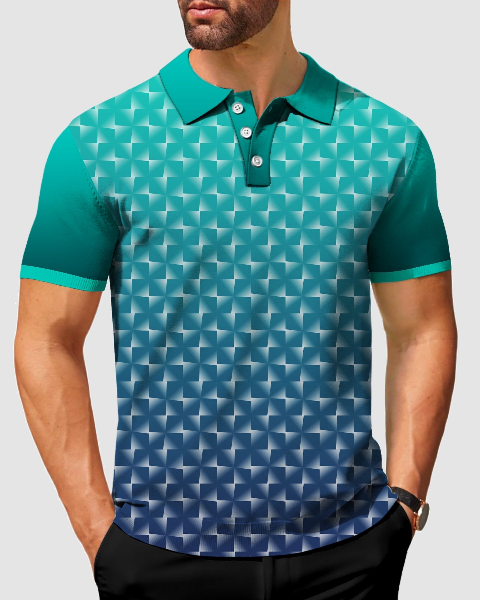 Men's cyan gradient custom sport team polo shirt with stretch, moisture-wicking, wrinkle-resistant fabric and UPF 40+ protection