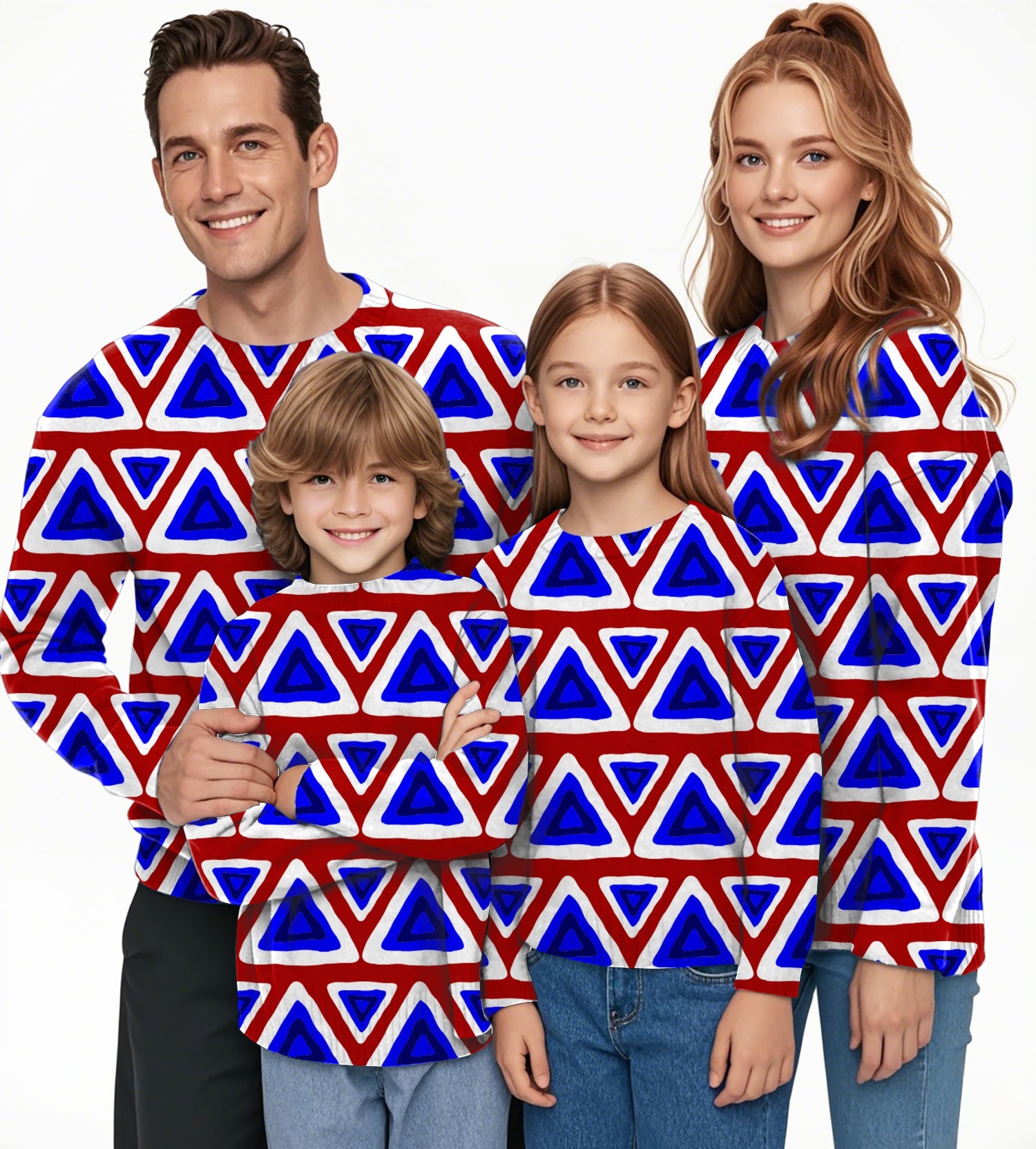 Family wearing triangle tribal crewneck pullovers with blue and red geometric patterns