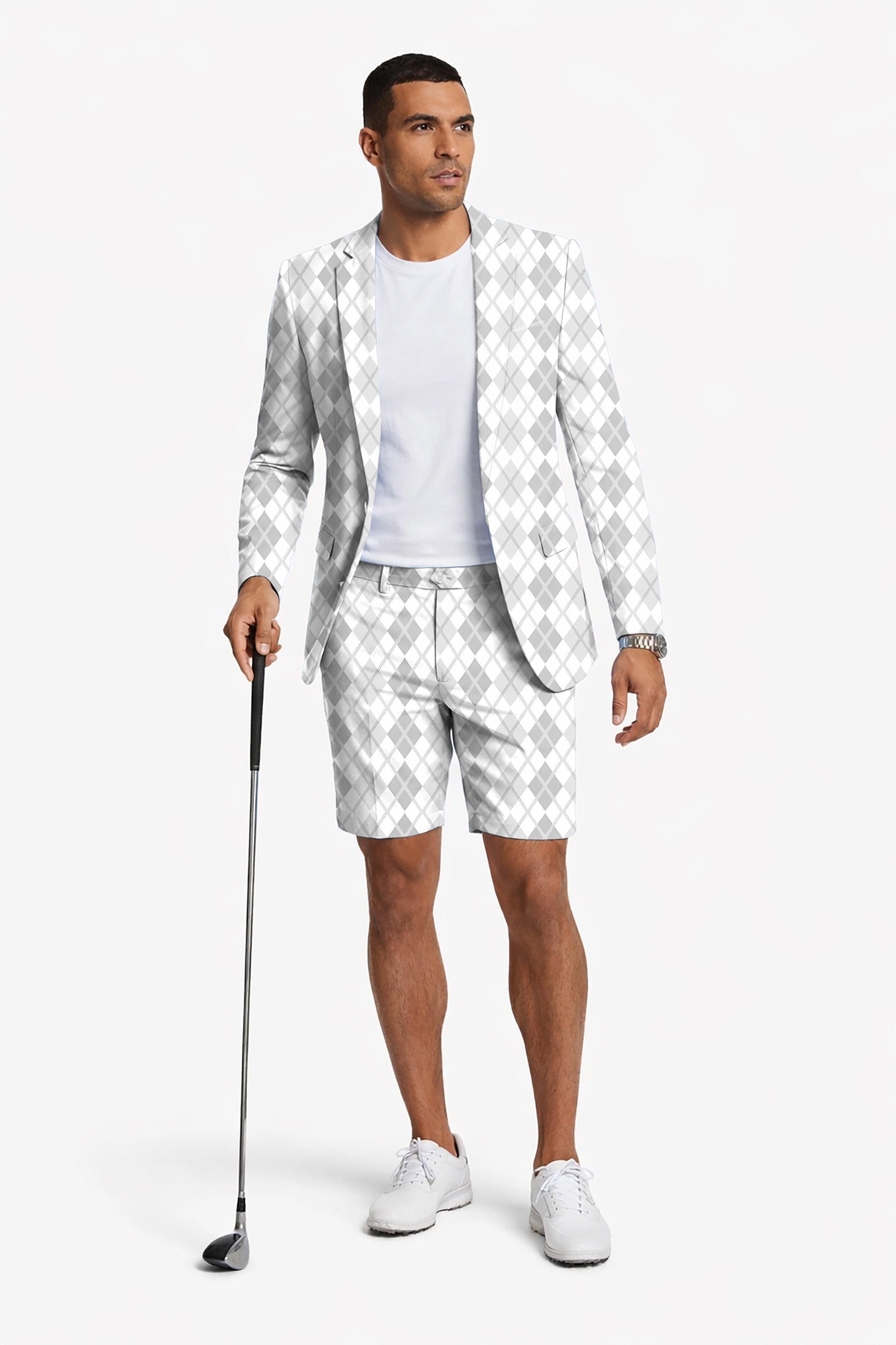 Argyle grey grid Men's Party Costumes-Theme Party 2pcs Suit set-Blazer Shorts