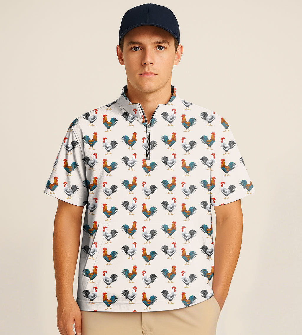 Men's half zipper turtleneck golf shirt with rooster print and Mr. Cocky embroidery
