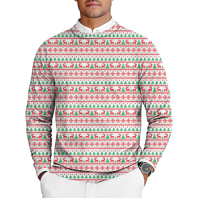 Men's Christmas golf crewneck pullover sweater with red and green festive pattern