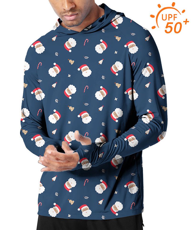 Men's outdoor hoodie with Santa Claus and candy cane Christmas print, slim fit, UPF 50+ sun protection, breathable and moisture-wicking fabric.