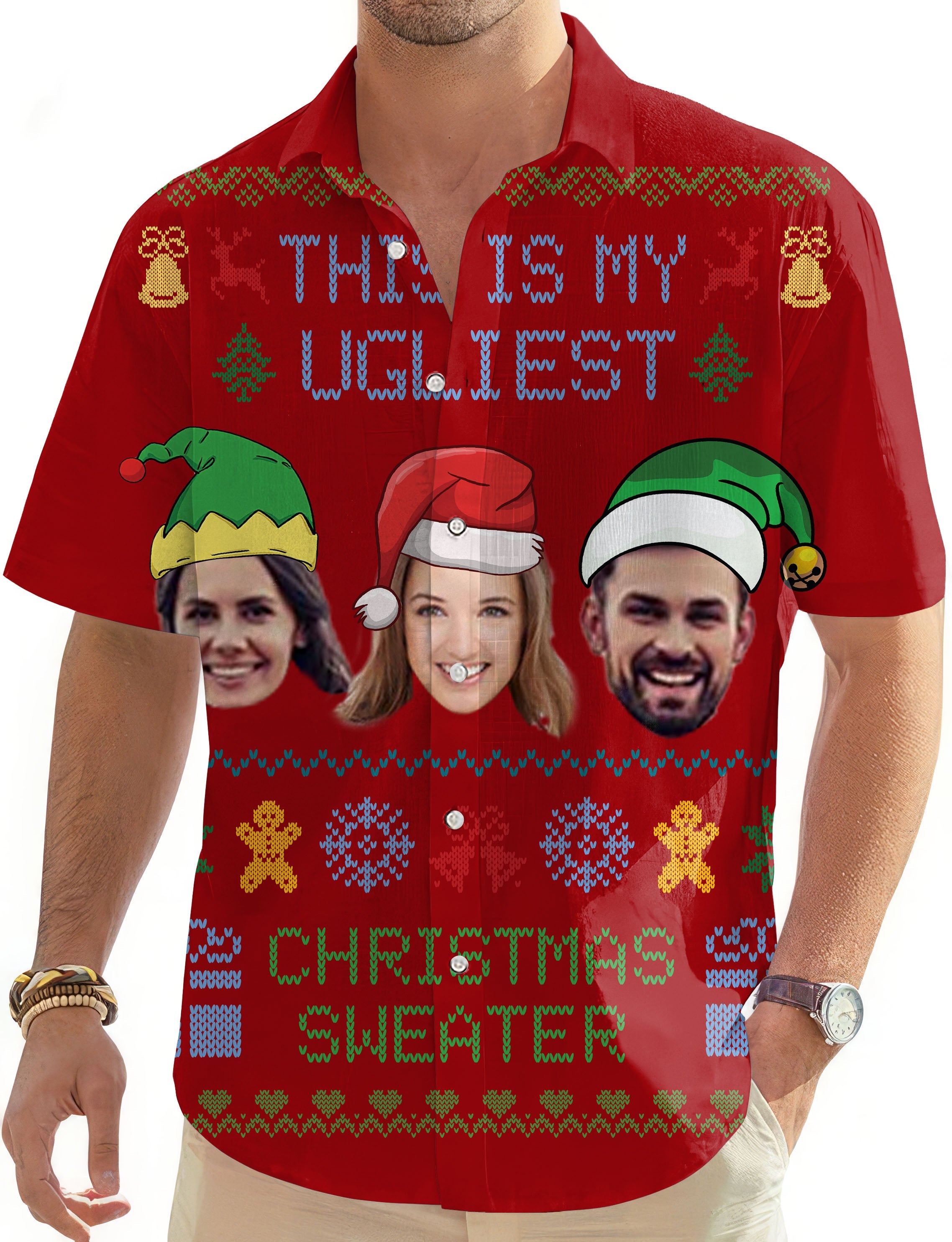 Red Christmas custom face men's Hawaiian golf shirt with holiday design and button down closure