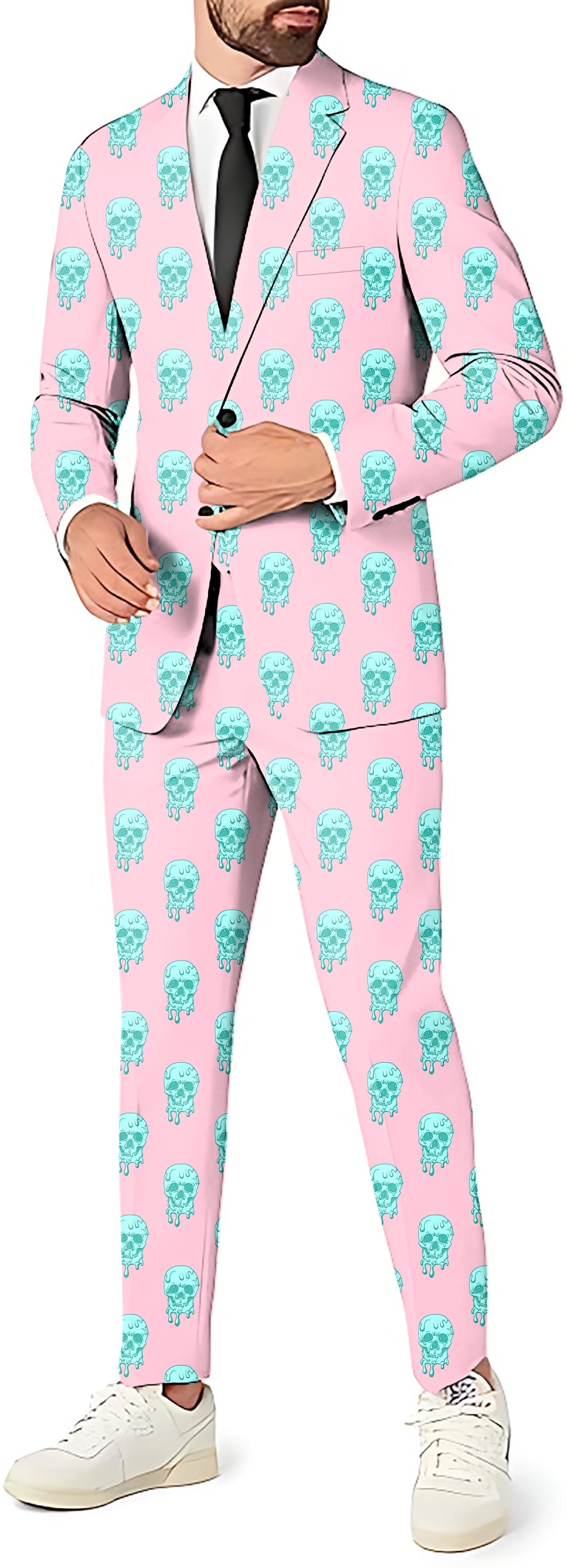 Icey Skulls men's pink blazer and pants party suit with blue skull pattern