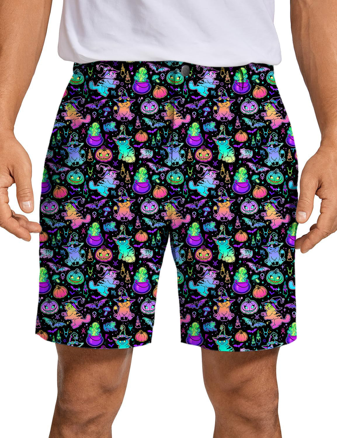 Men's Halloween Constellation Cat Golf Shorts with colorful spooky pattern and advanced performance fabric