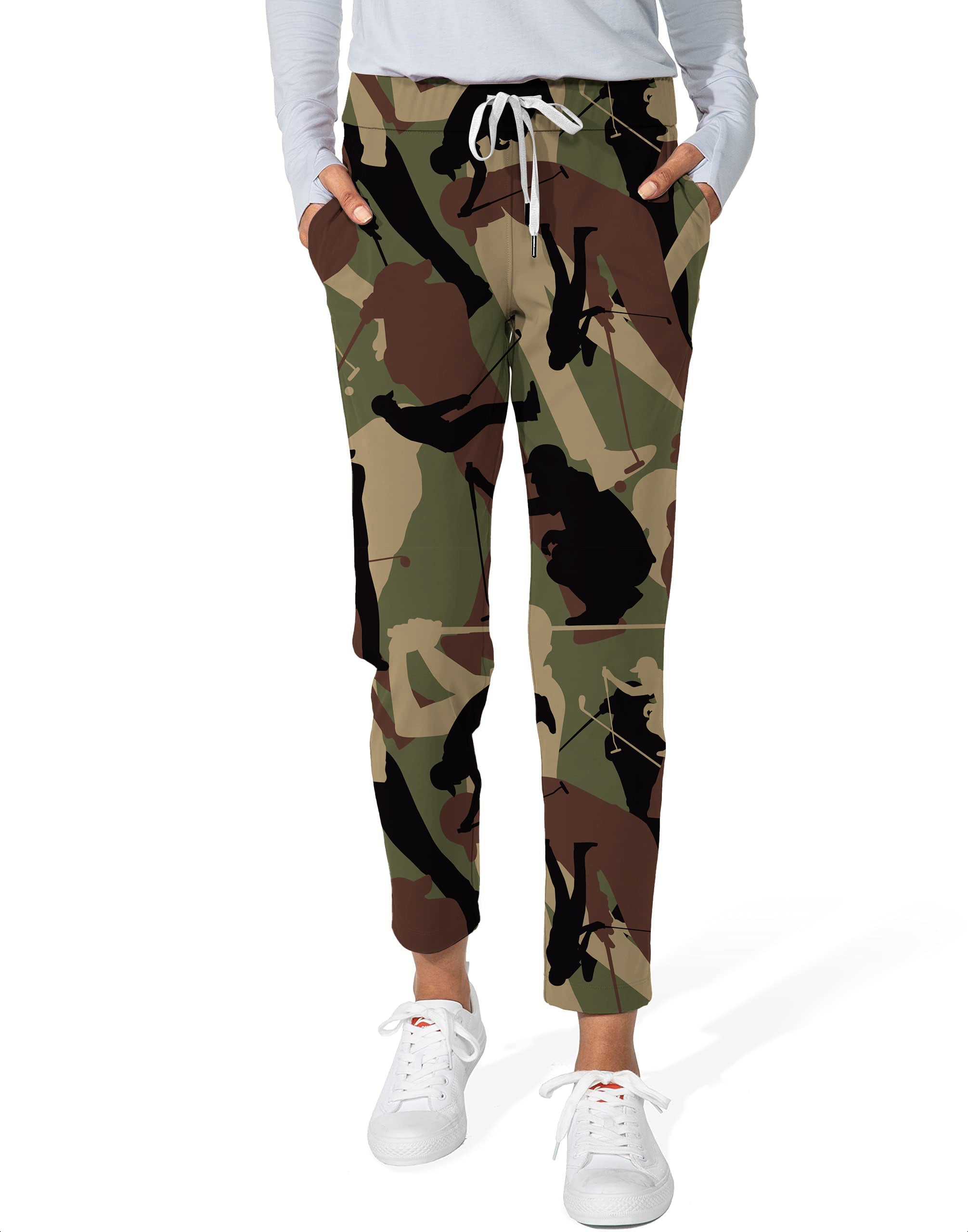 Army green women's 7/8 stretch ankle golf pants with camouflage pattern and drawstring waist