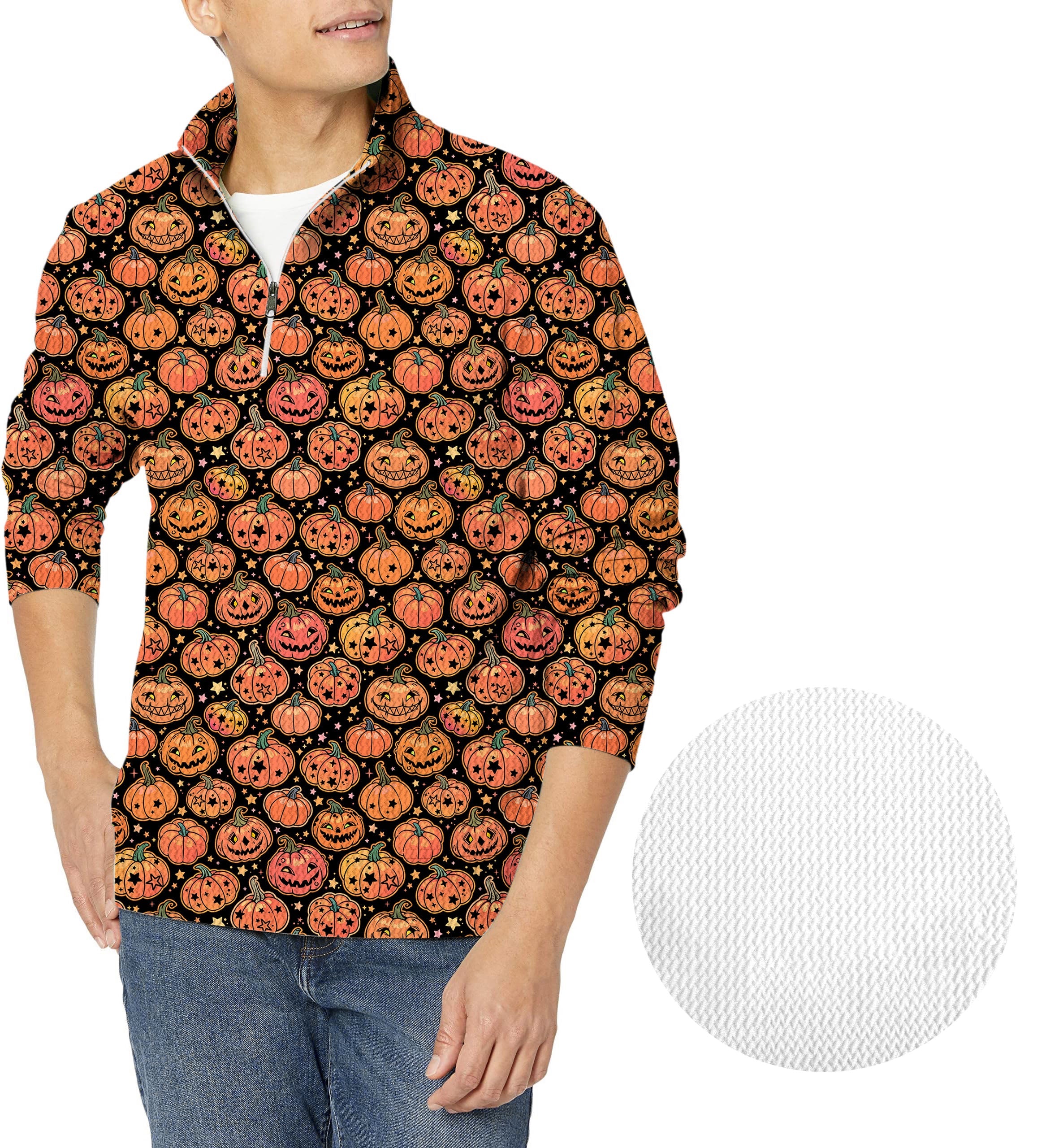 Men's Halloween Star Pumpkin Bones golf waffle zipper pullover with pumpkin pattern