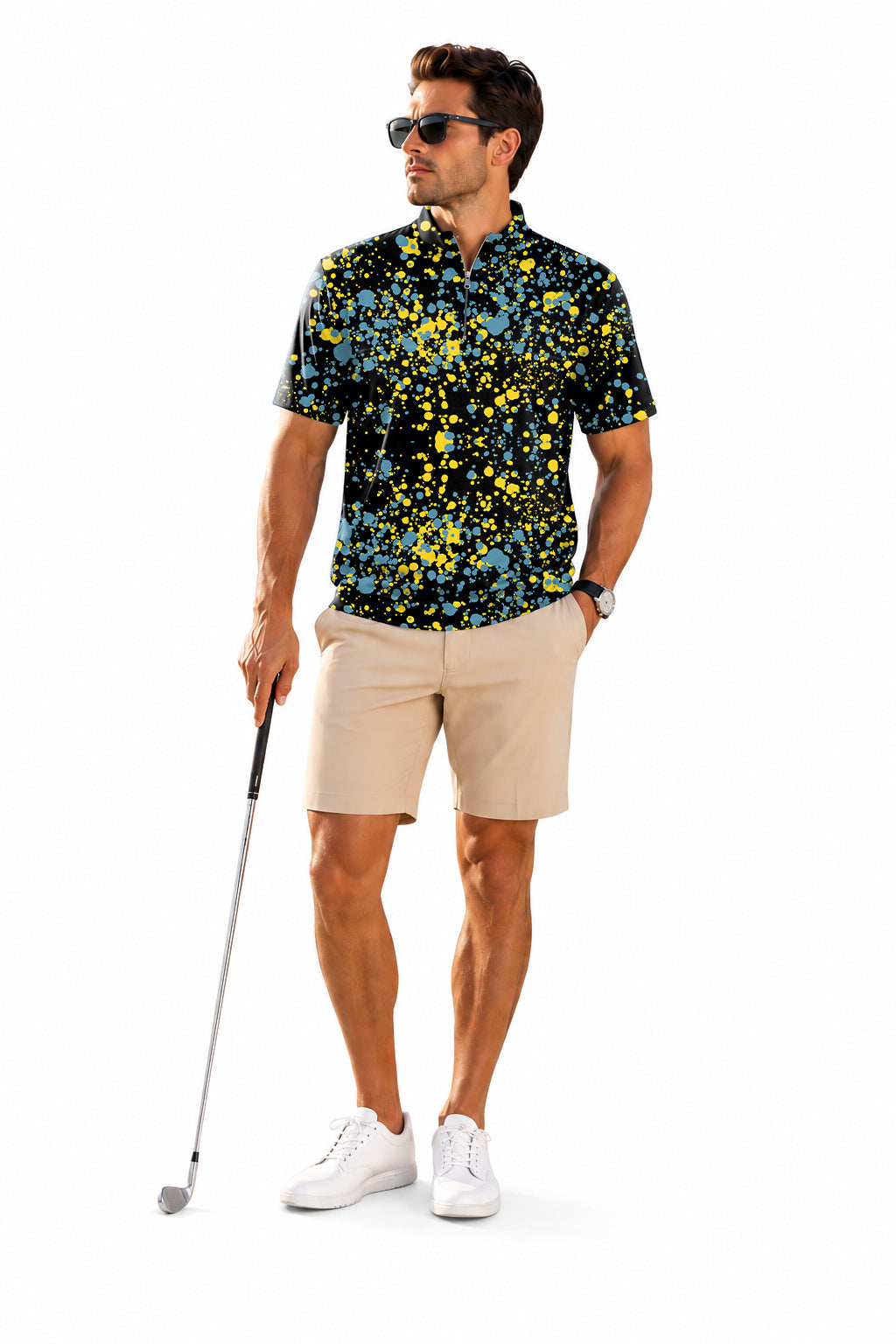Men's Short Sleeve Quarter Zip Golf Pullover Blue And Yellow Paint Embroidery