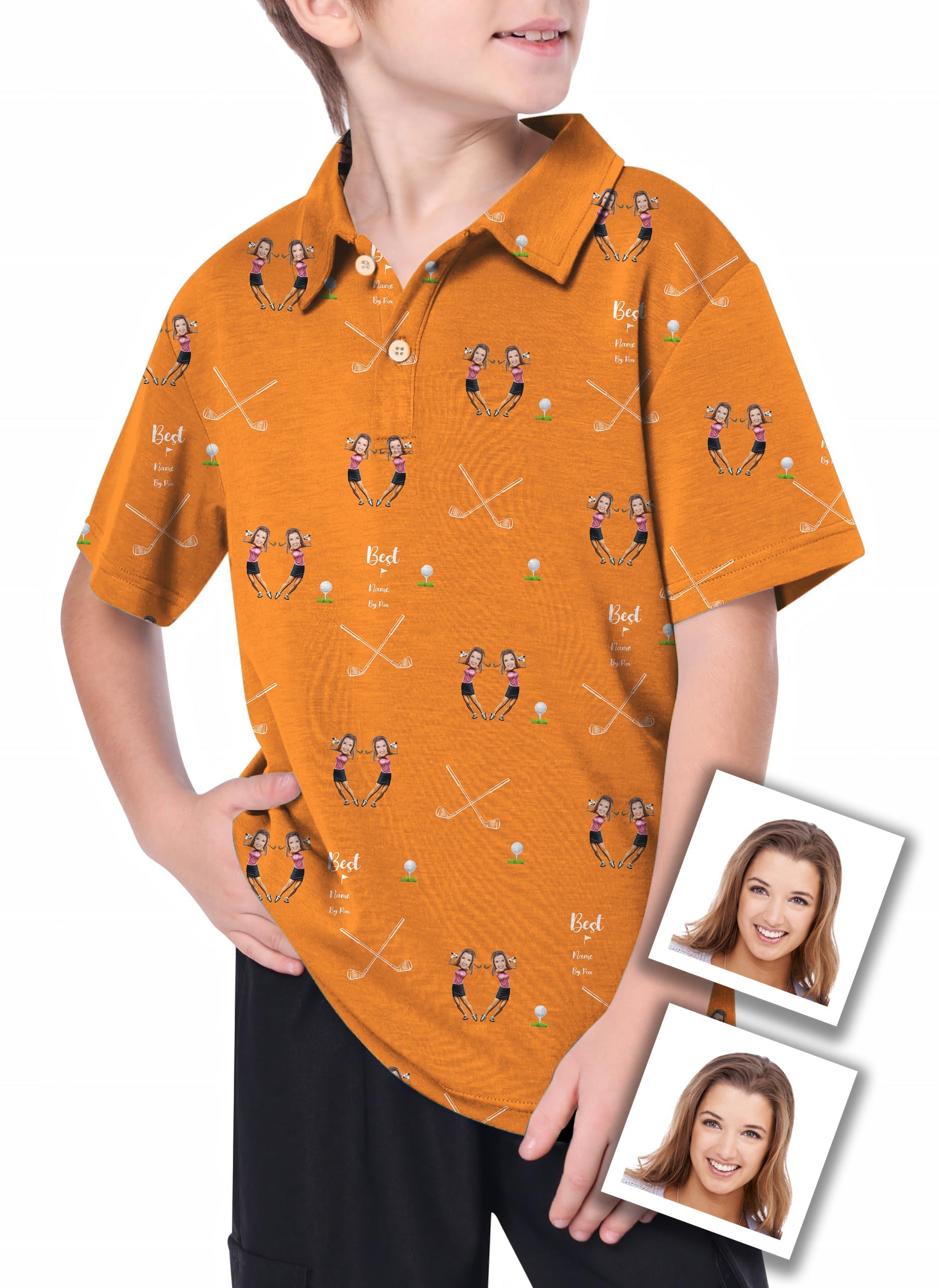 Youth custom sister photo and name orange golf polo shirt for kids with premium performance features