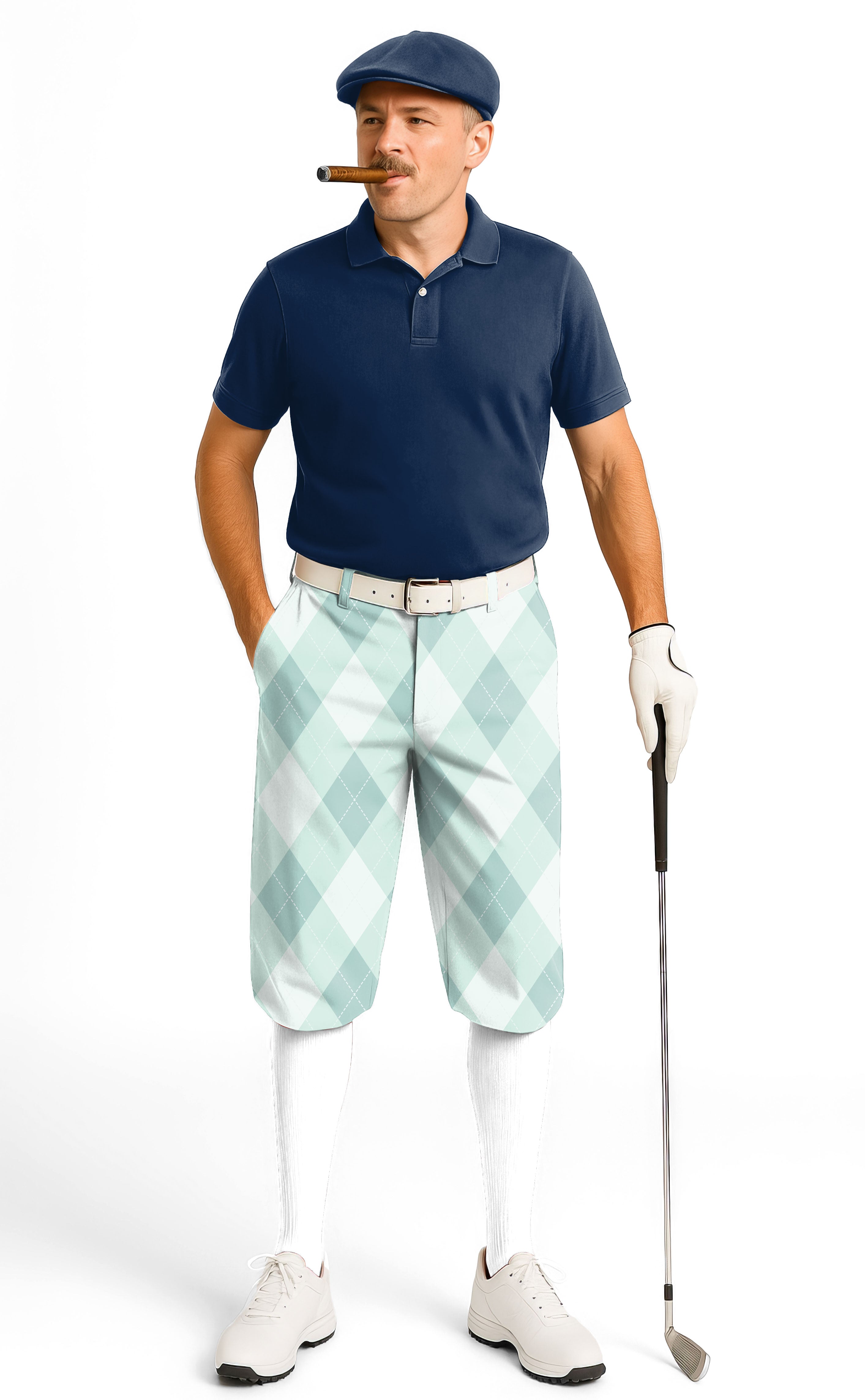 Man wearing Green Argyle-Men's Golf knickers with ankle cuffs and golf glove holding a club.