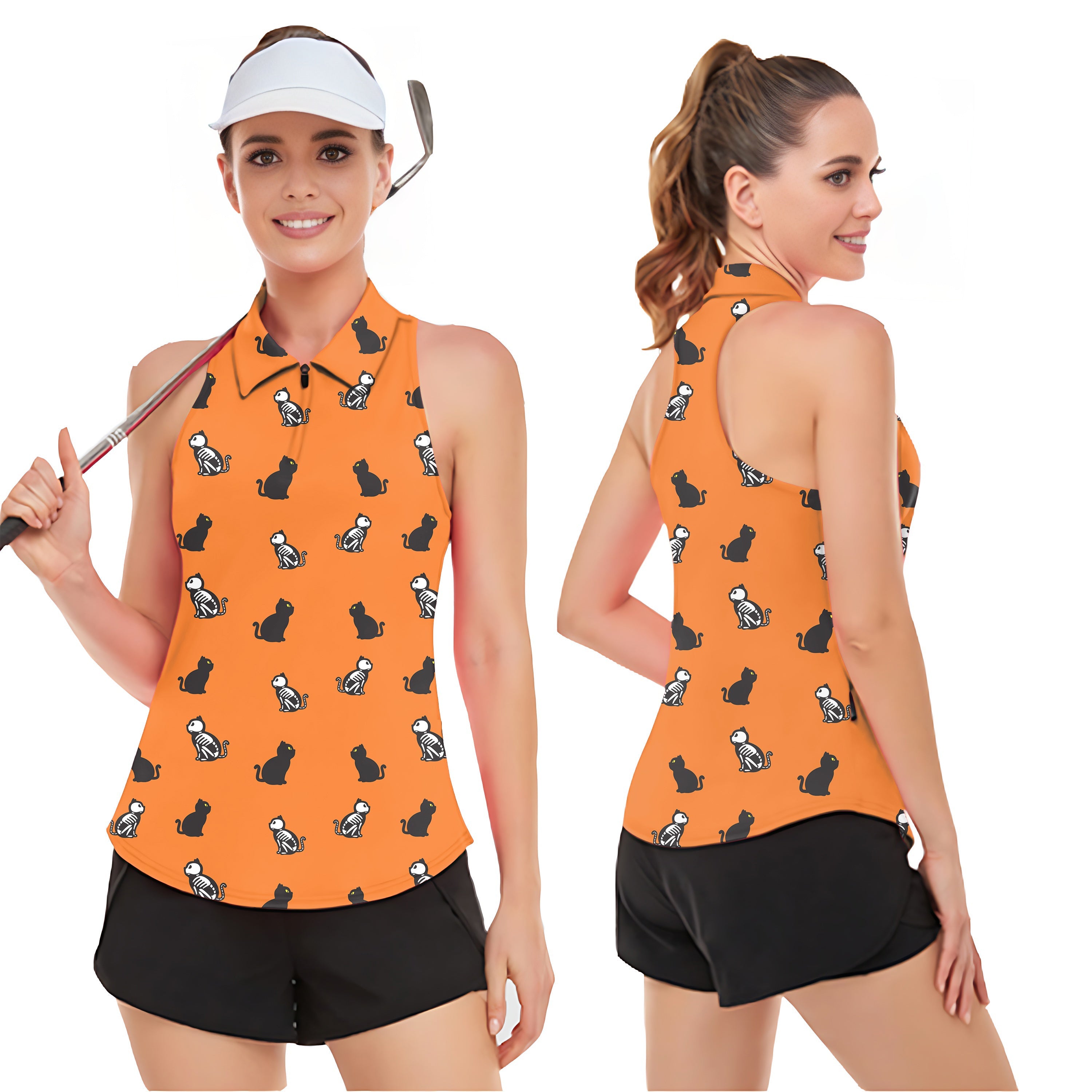 Women’s sleeveless golf tank top with Halloween Skull Cat print, breathable, moisture-wicking, UPF50+ sun protection, orange racerback polo shirt.