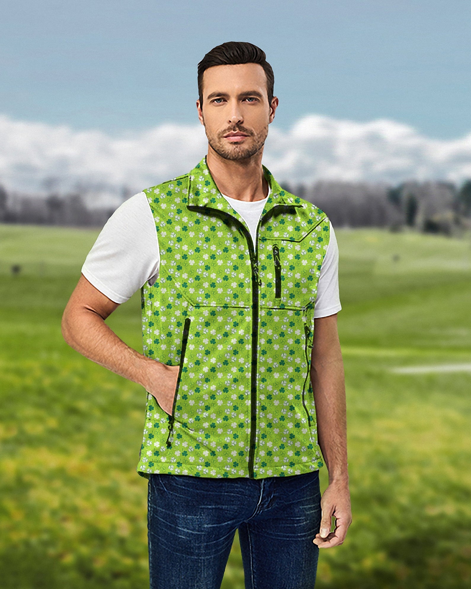 Men's St. Patrick's Day lightweight softshell vest sleeveless jacket with clover pattern for golf, windproof and waterproof