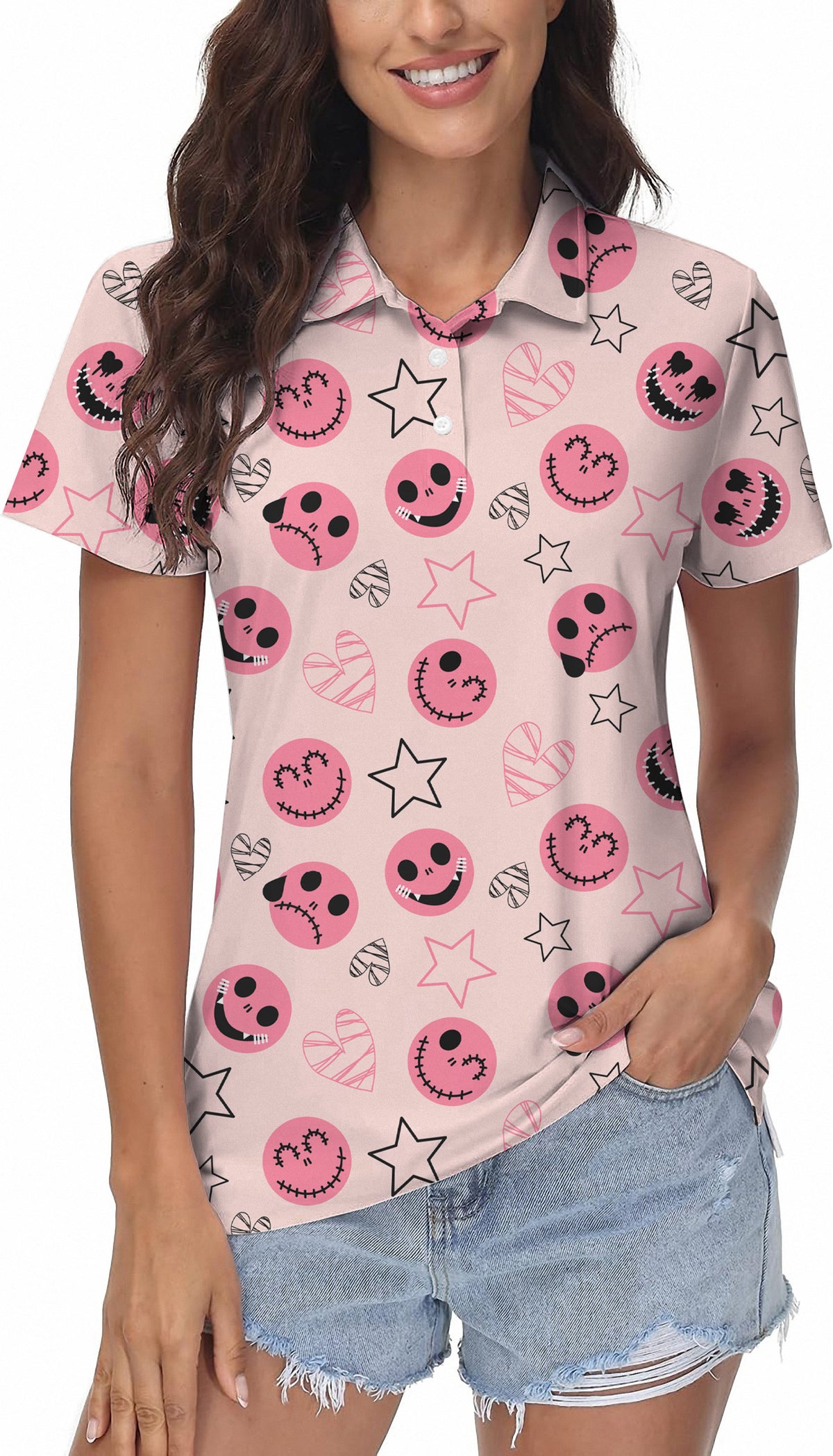 Halloween pink smiley face Women's Golf Polo