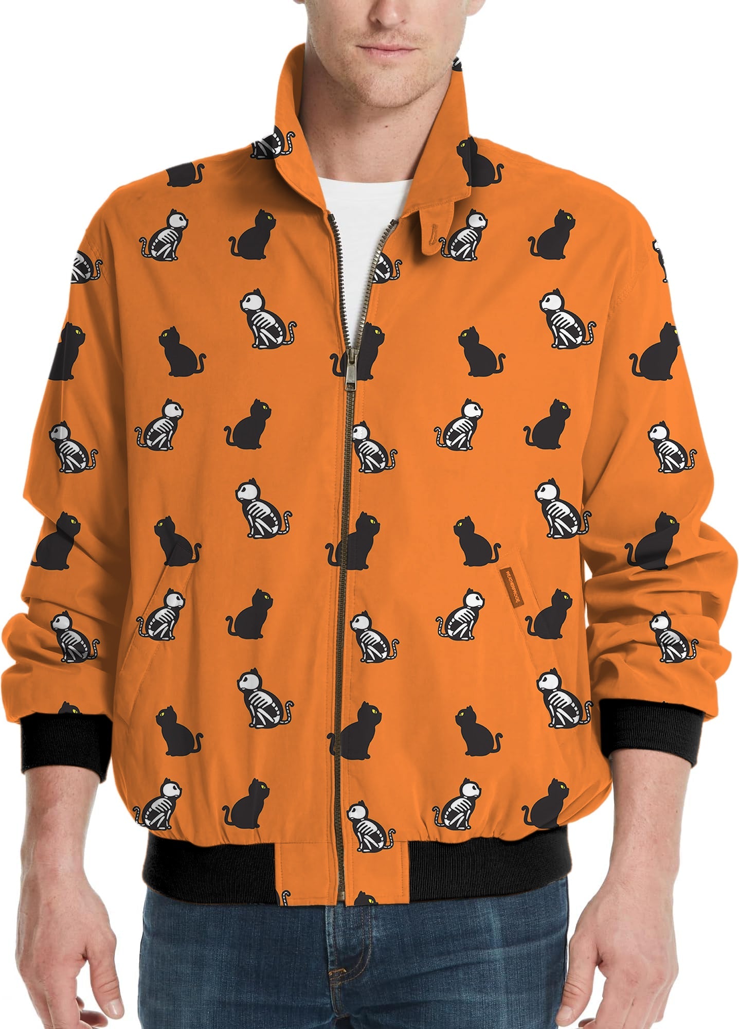 Men's Halloween Skull Cat golf windbreaker jacket with orange background and black cuffs