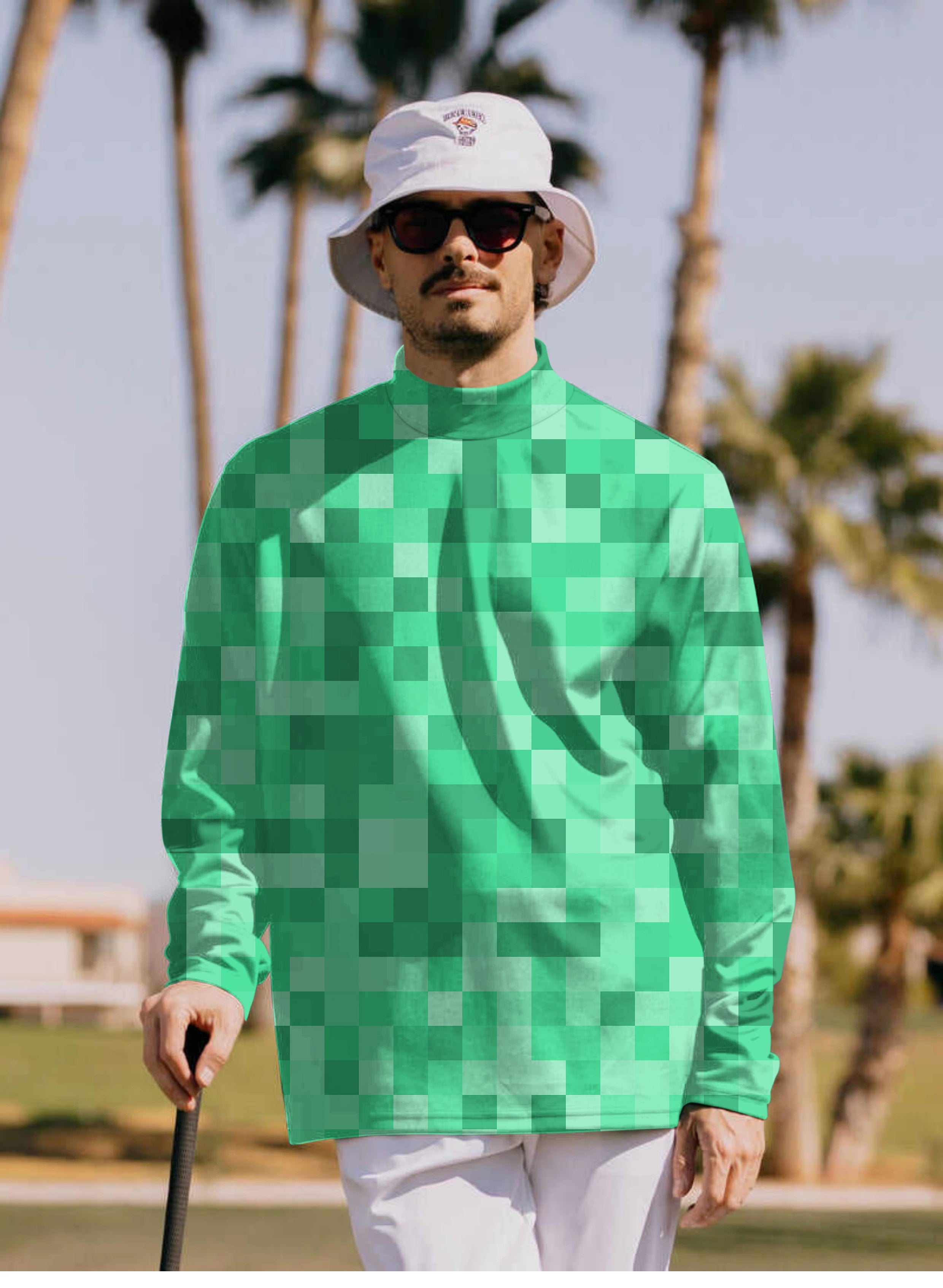 Men's green pixel high neck pullover long sleeve golf shirt with custom options