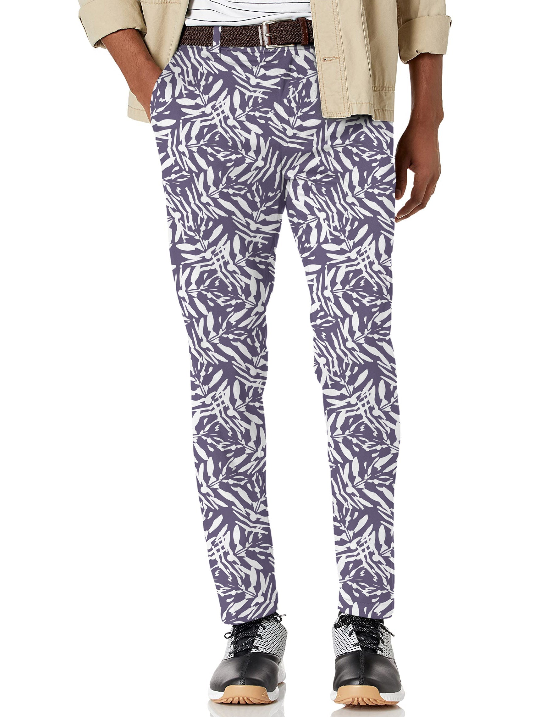 Men's abstract navy stretch golf pants with moisture-wicking fabric and active waistband