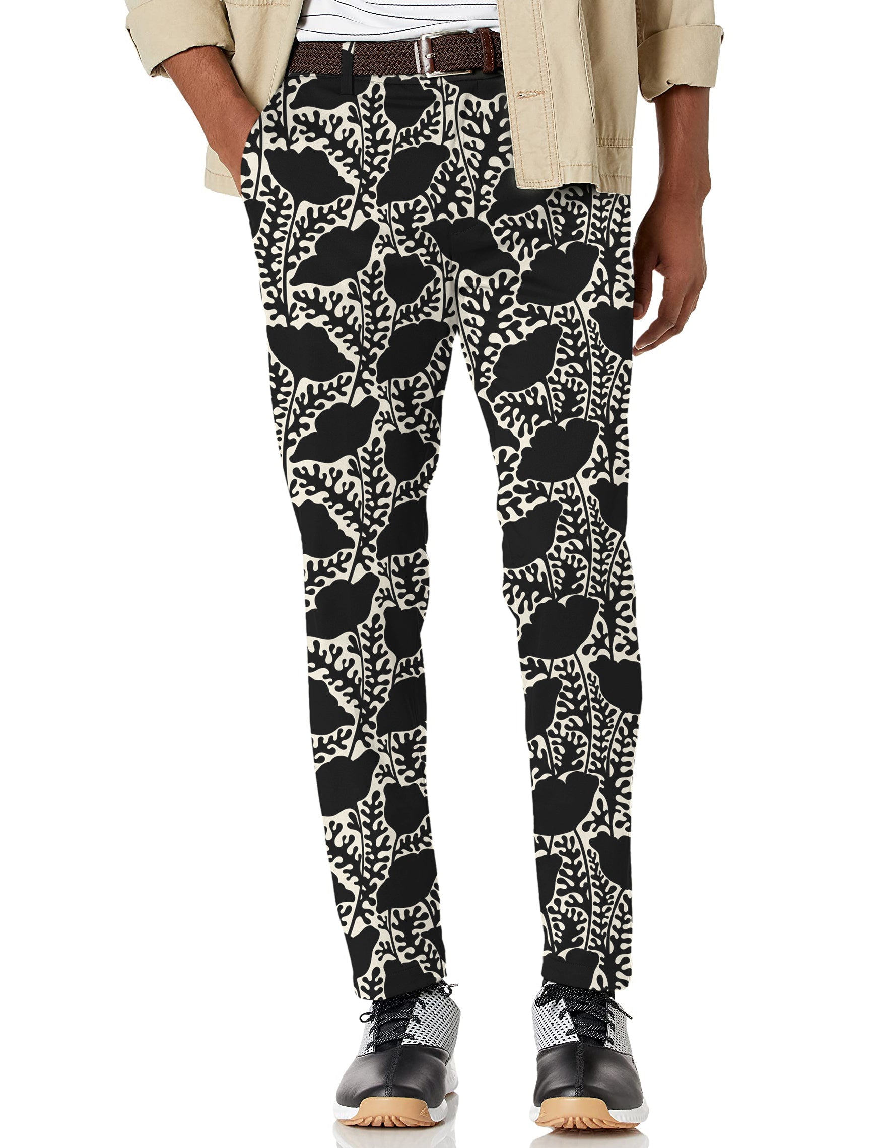 Men's Monochrome Bloom stretch golf pants with black and white floral pattern, lightweight, moisture-wicking fabric, and classic pockets.