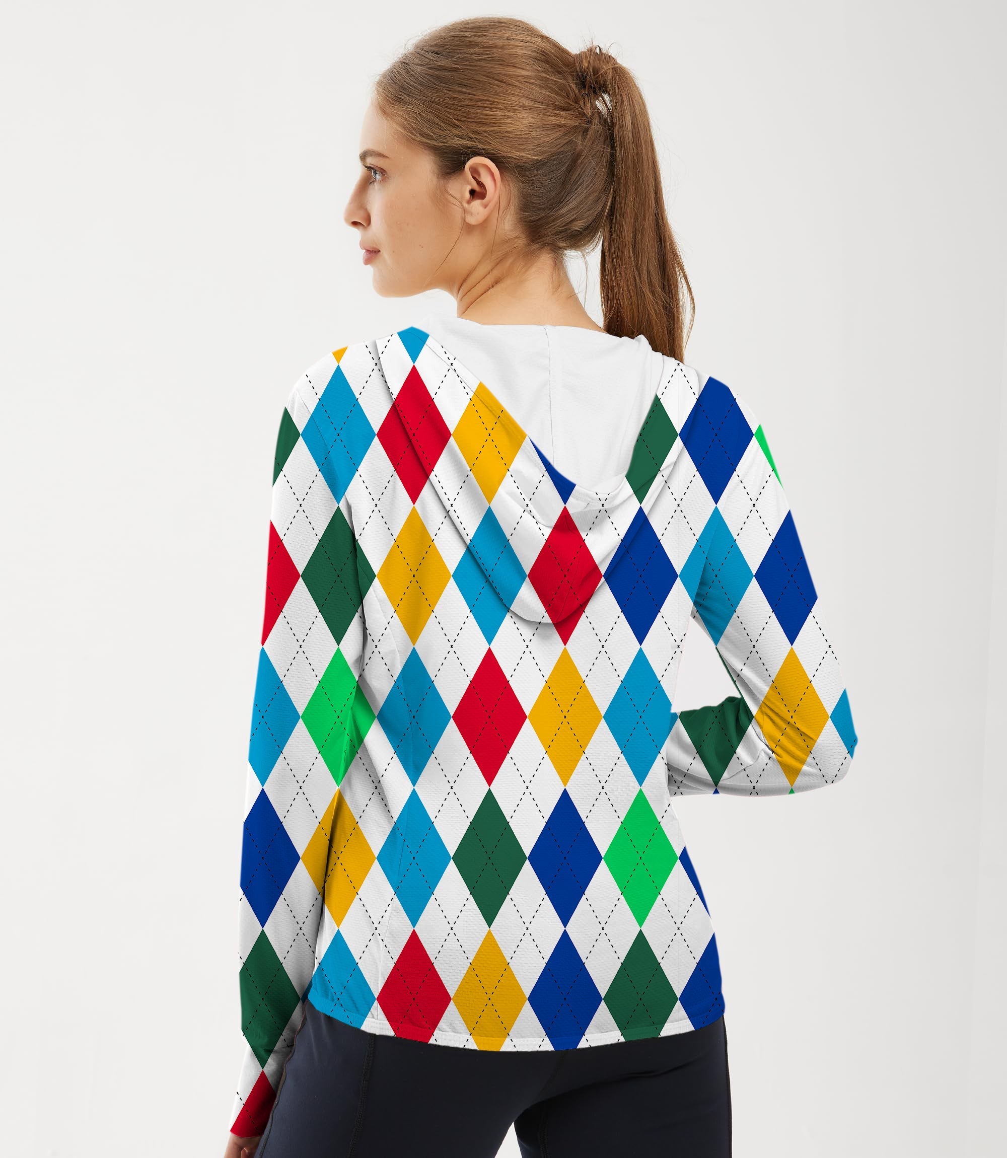 Women's outdoor colorful argyle slim fit zip hoodie with sun protection and breathable fabric