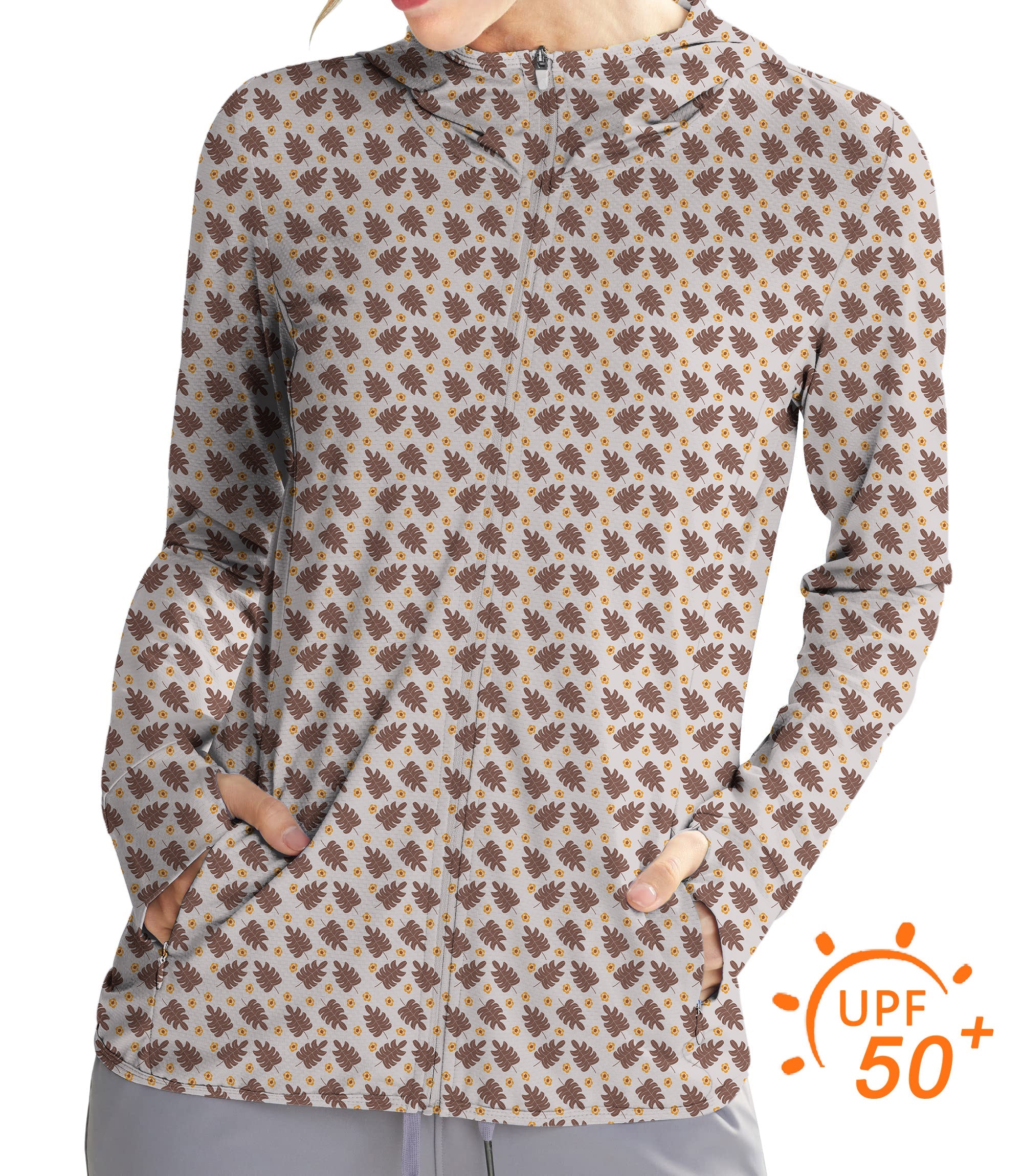 Women's outdoor brown palm leaf zip-up golf hoodie with sun protection and slim fit design
