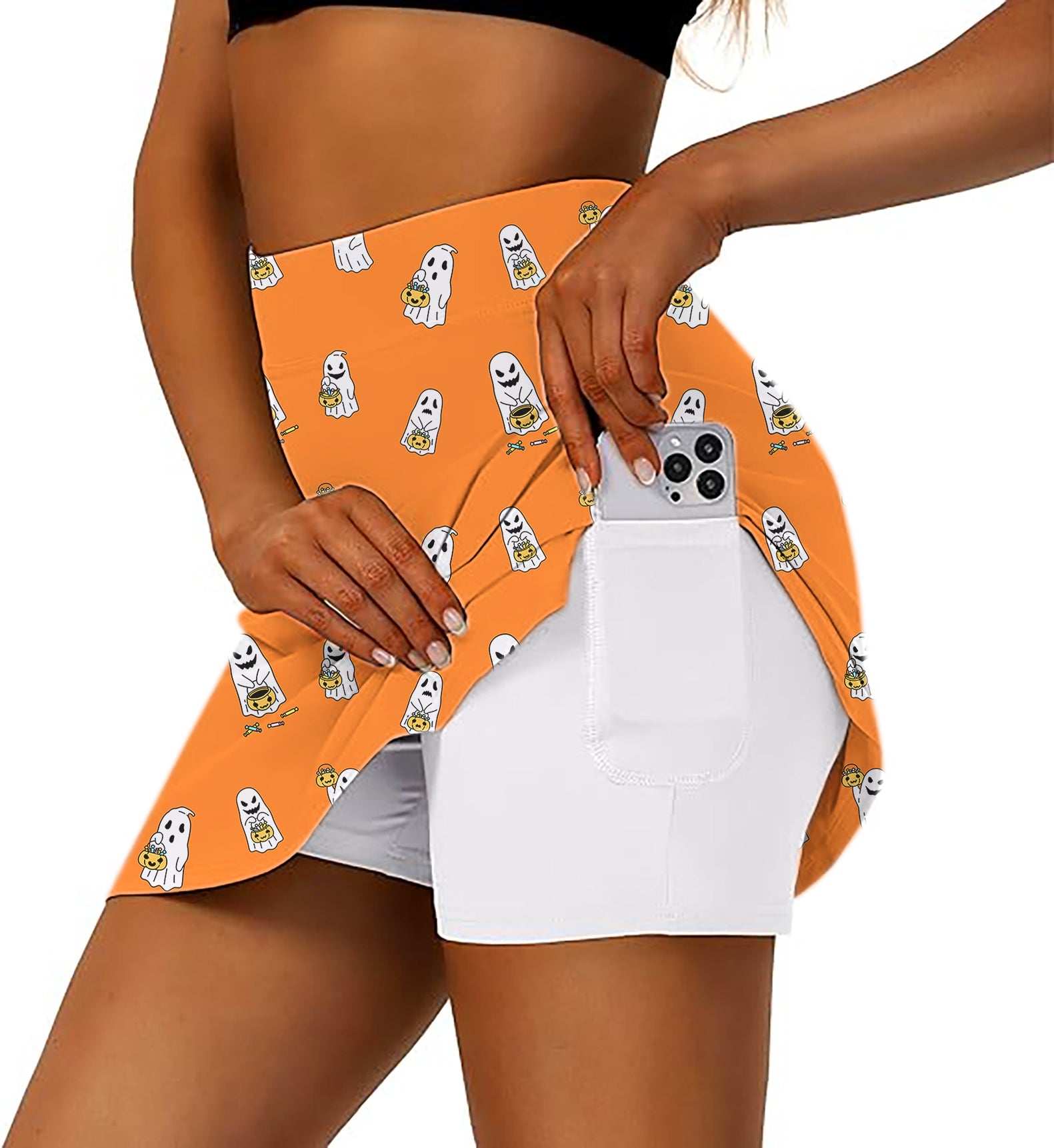 Women's Halloween golf skirt with ghost and pumpkin basket pattern and inner shorts pocket