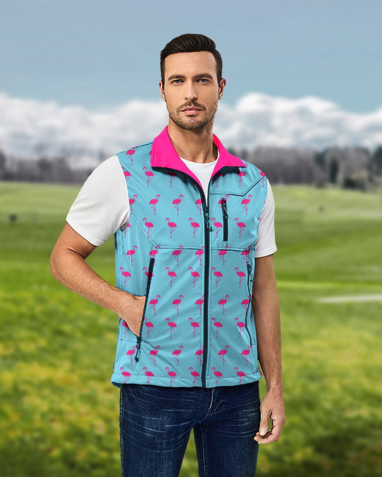 Men's flamingo lightweight softshell vest sleeveless jacket with waterproof exterior and flamingo prints for golf and outdoor activities