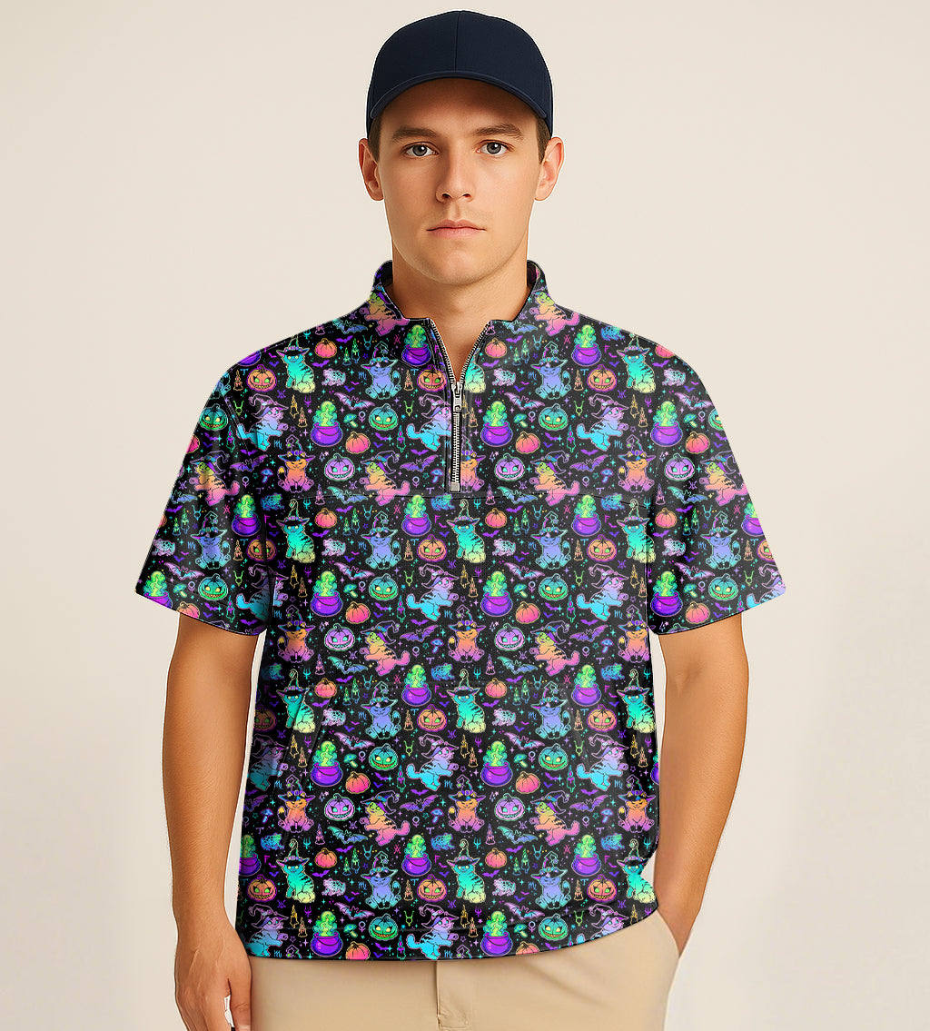 Half zipper turtleneck golf shirt with Halloween constellation cat embroidery and short sleeves