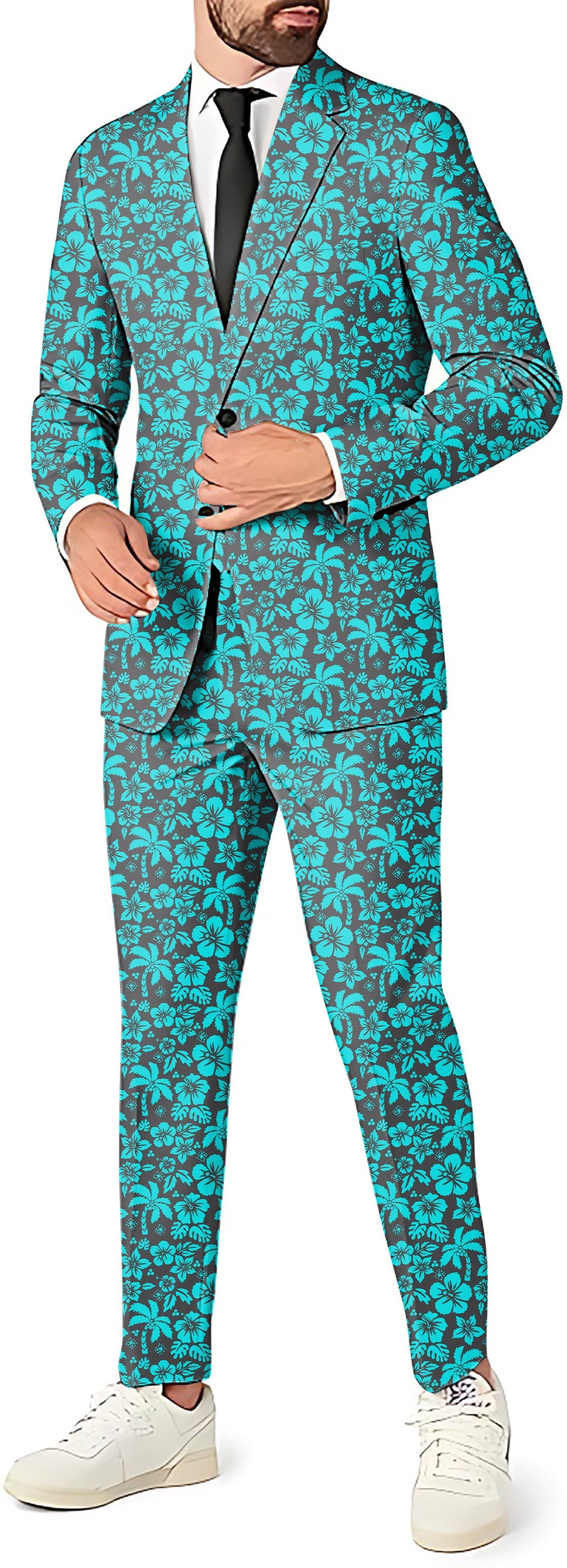 Tropical hibiscus men's party suit set with blazer, pants, and vest in slim fit design